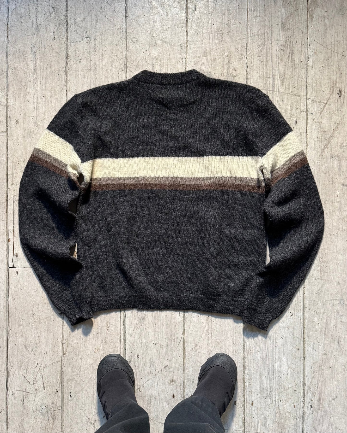 90s Grey Brown Cream Centre Stripe Knit Jumper (~M~)