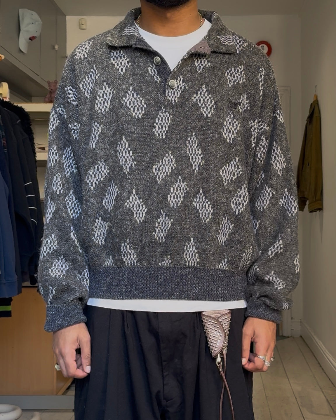 80s Abstract Pattern Polo Knit Jumper (M~L)