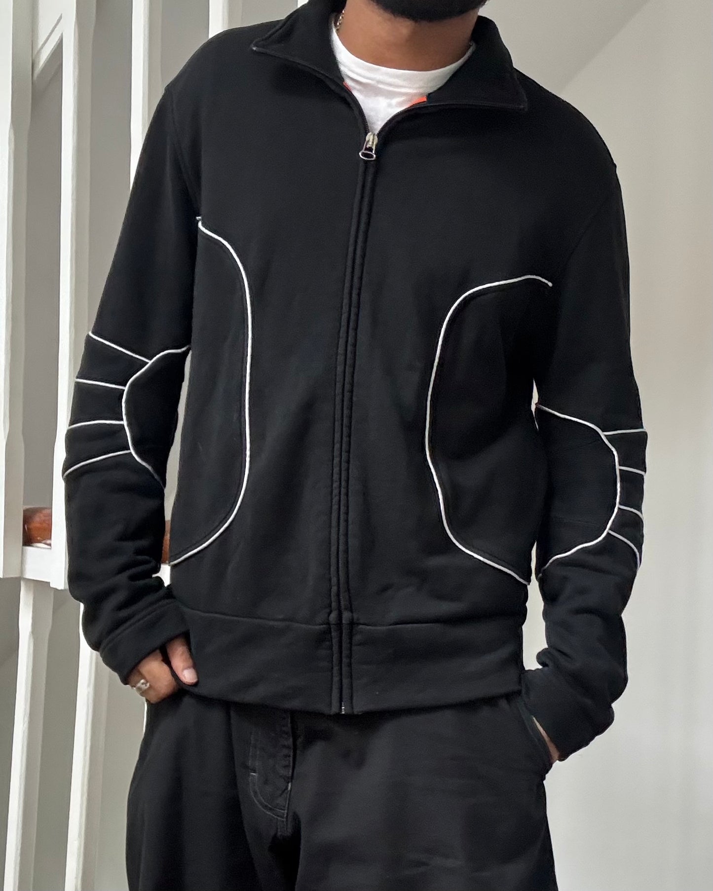 Black White Moto Style Piped / Ribbed Articulated Elbow Zip Up Tracktop (~M~)