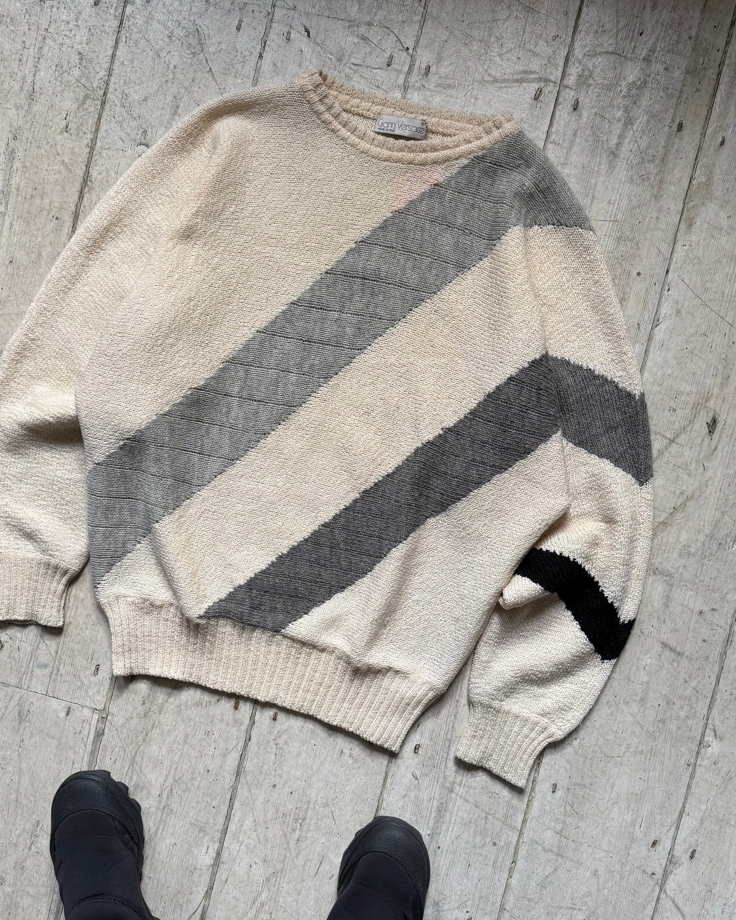 80s Cream Grey Diagonal Asymmetrical Stripe Knit Jumper (~XL~)