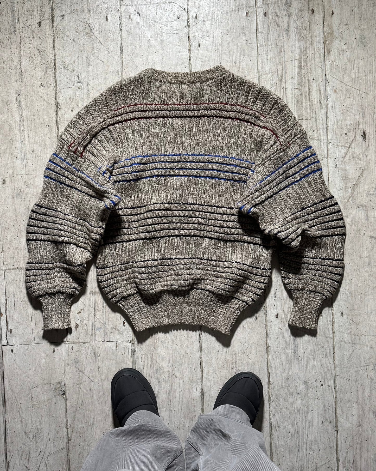 80s Wavy Beige Striped Knit Jumper (~M~)
