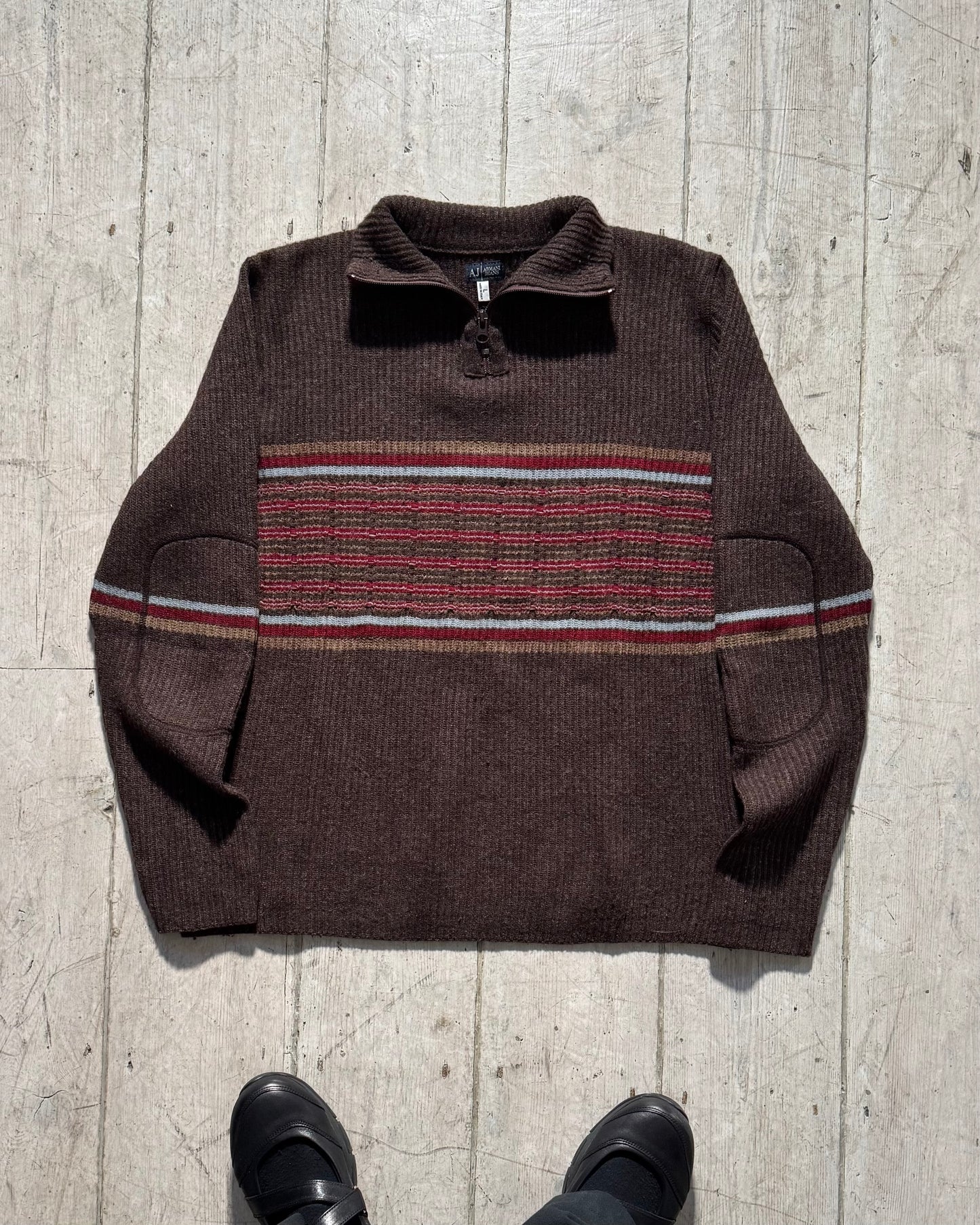 Early 2000s Brown Striped Quarter Zip Knit Jumper (~M~)