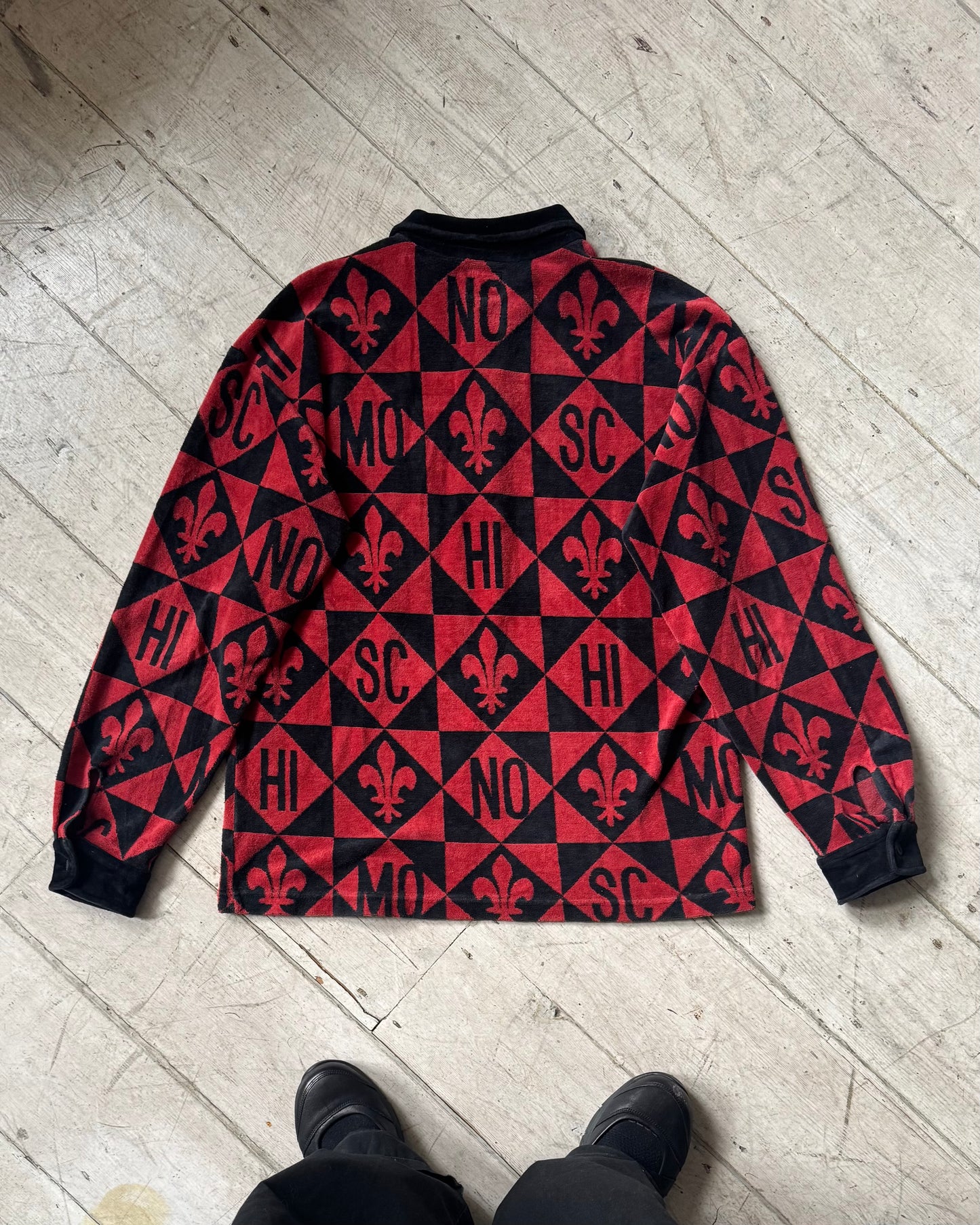 90s Velour Fleur de Lis / Medieval Pattern Velour Button Up Collared / Rugby Jumper (~L~ )