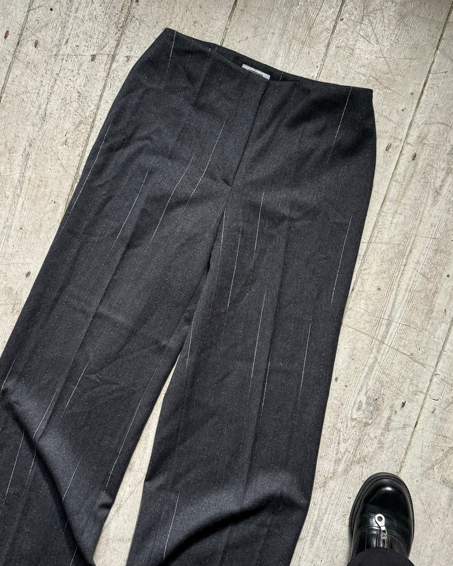Early 2000s Grey Staggered Pinstripe Virgin Wool Wide Dress Pants (~30~)