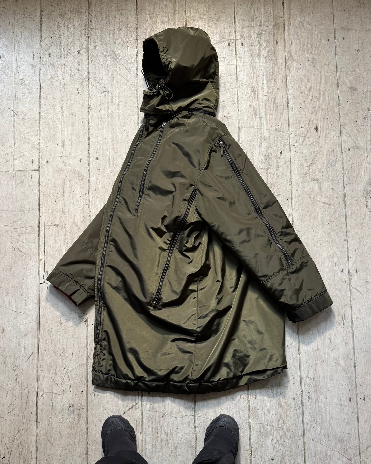 Iridescent Olive Green Asymmetrical Multi Zip Long Coat / Jacket (L)