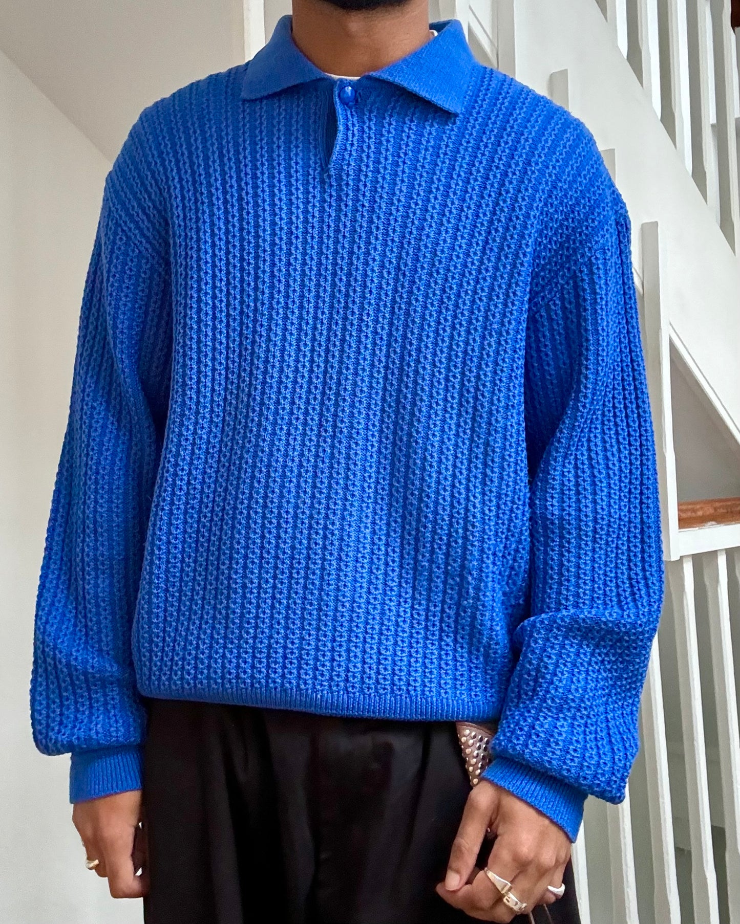80s Royal Blue Polo Knit Jumper (M~L)