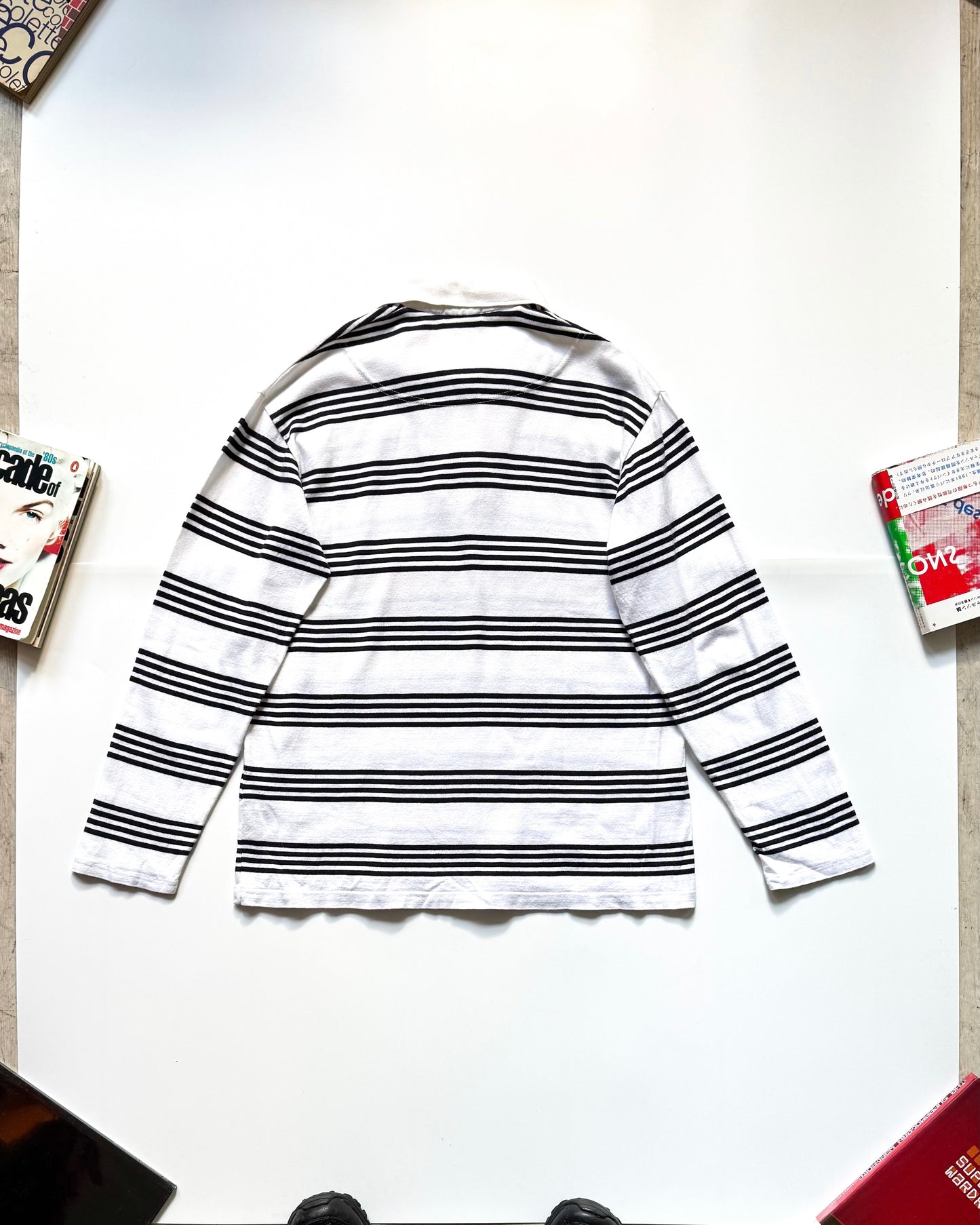 Black White Striped Longsleeve Polo Top (~S~)