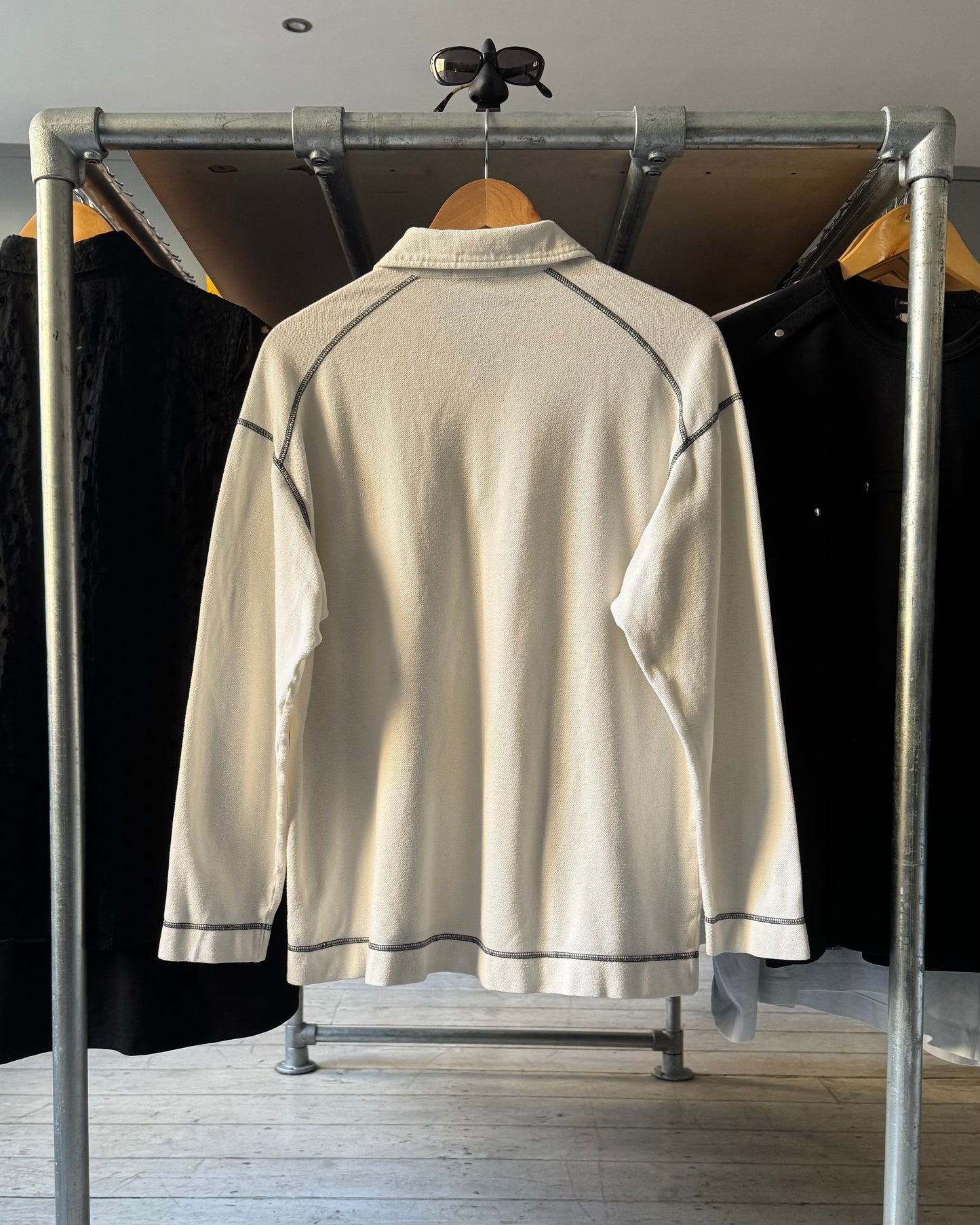 90s White / Black Overlocked Quarter Zip Polo Shirt / Top (M~L)