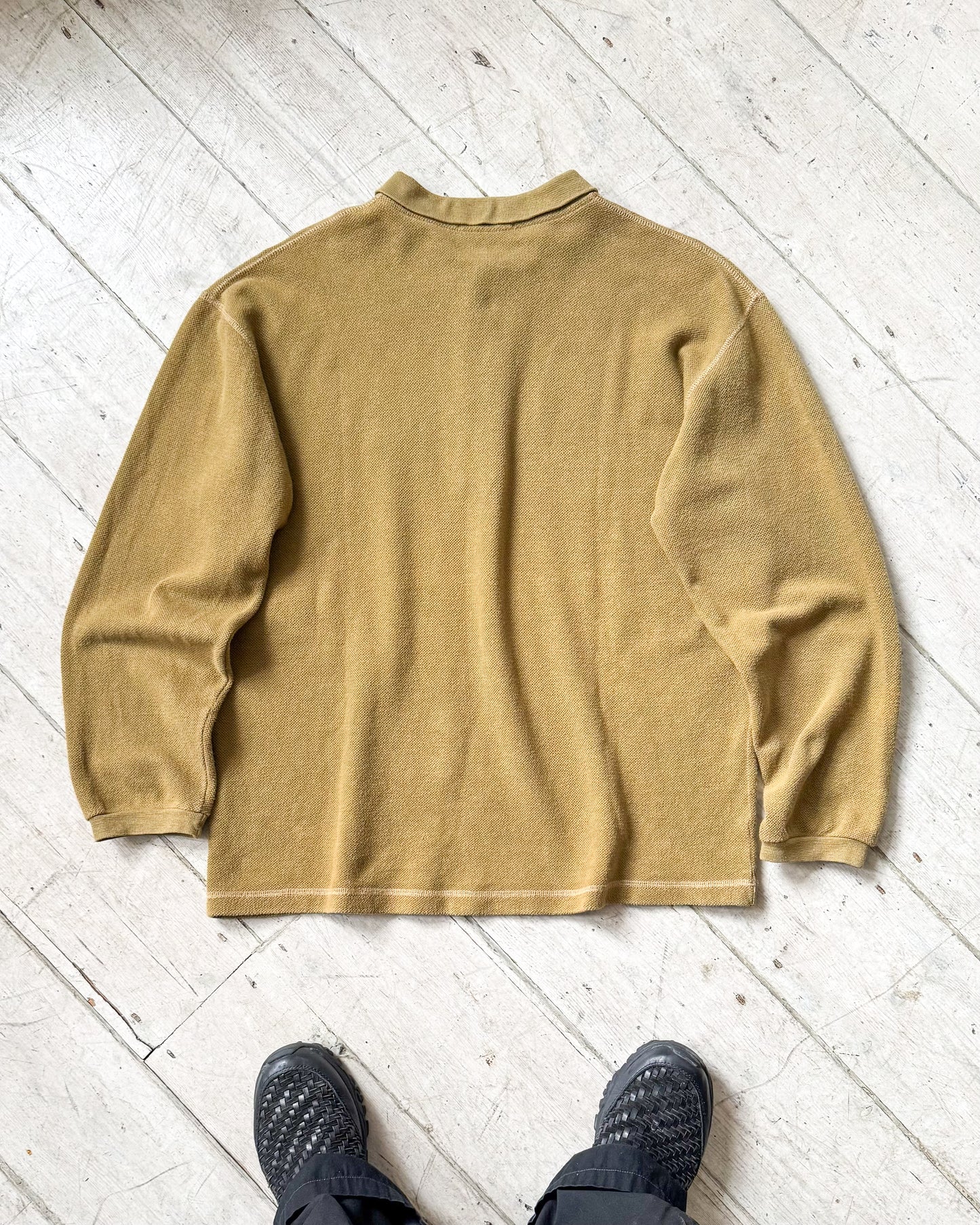 90s Honey Brown Membership Motif Longsleeve Polo Shirt / Top (~L~)