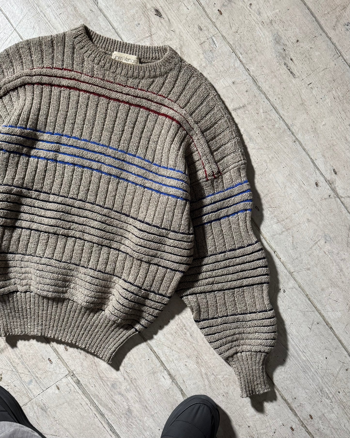 80s Wavy Beige Striped Knit Jumper (~M~)