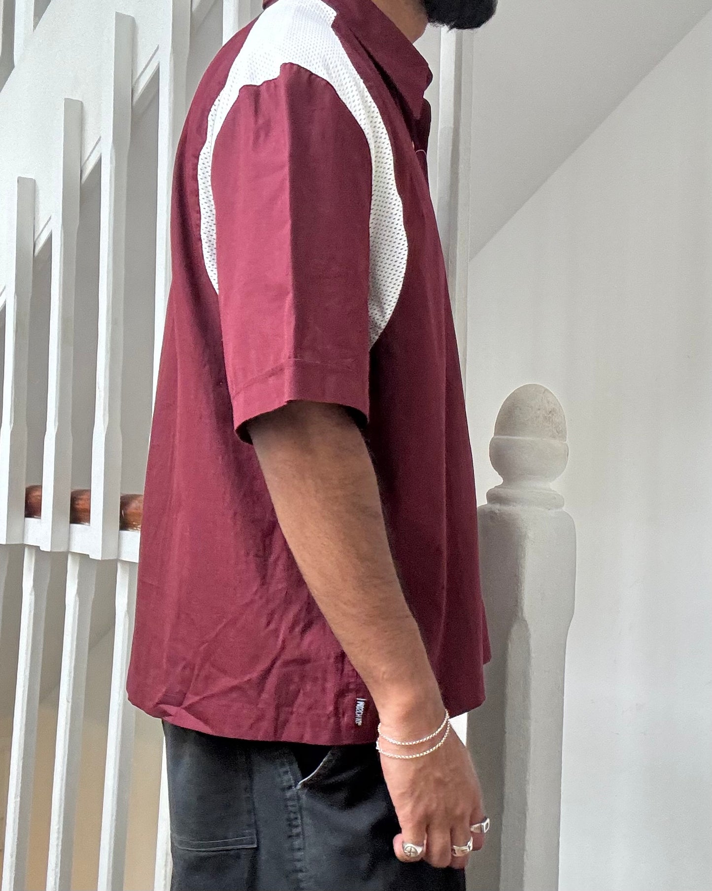 Early 2000s Mesh Shoulder Panel Burgundy Shirt (M~L)