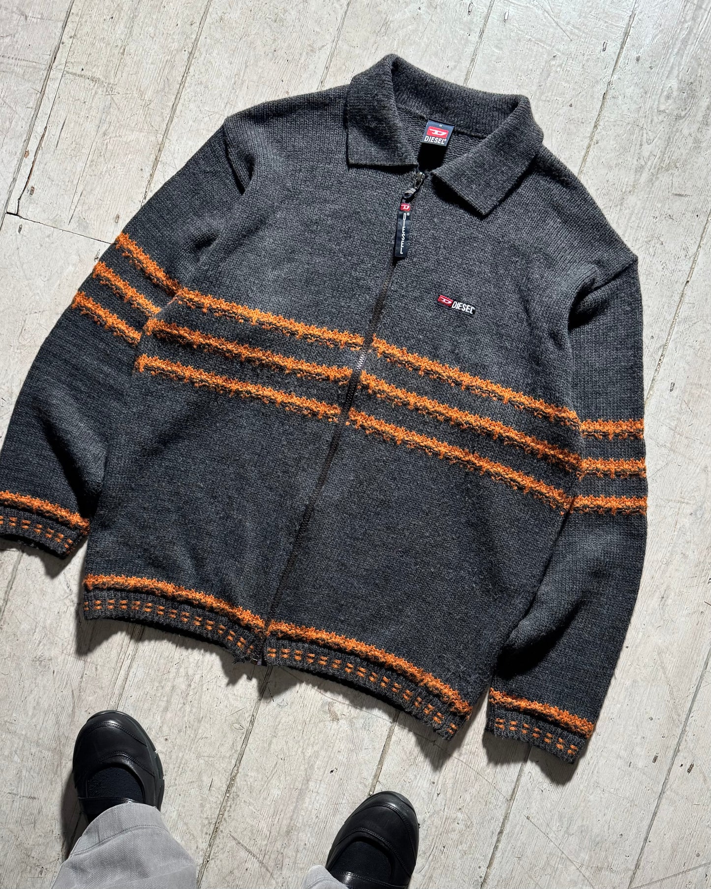 Early 2000s Grey Orange Striped Zip Up Knit (~L~)