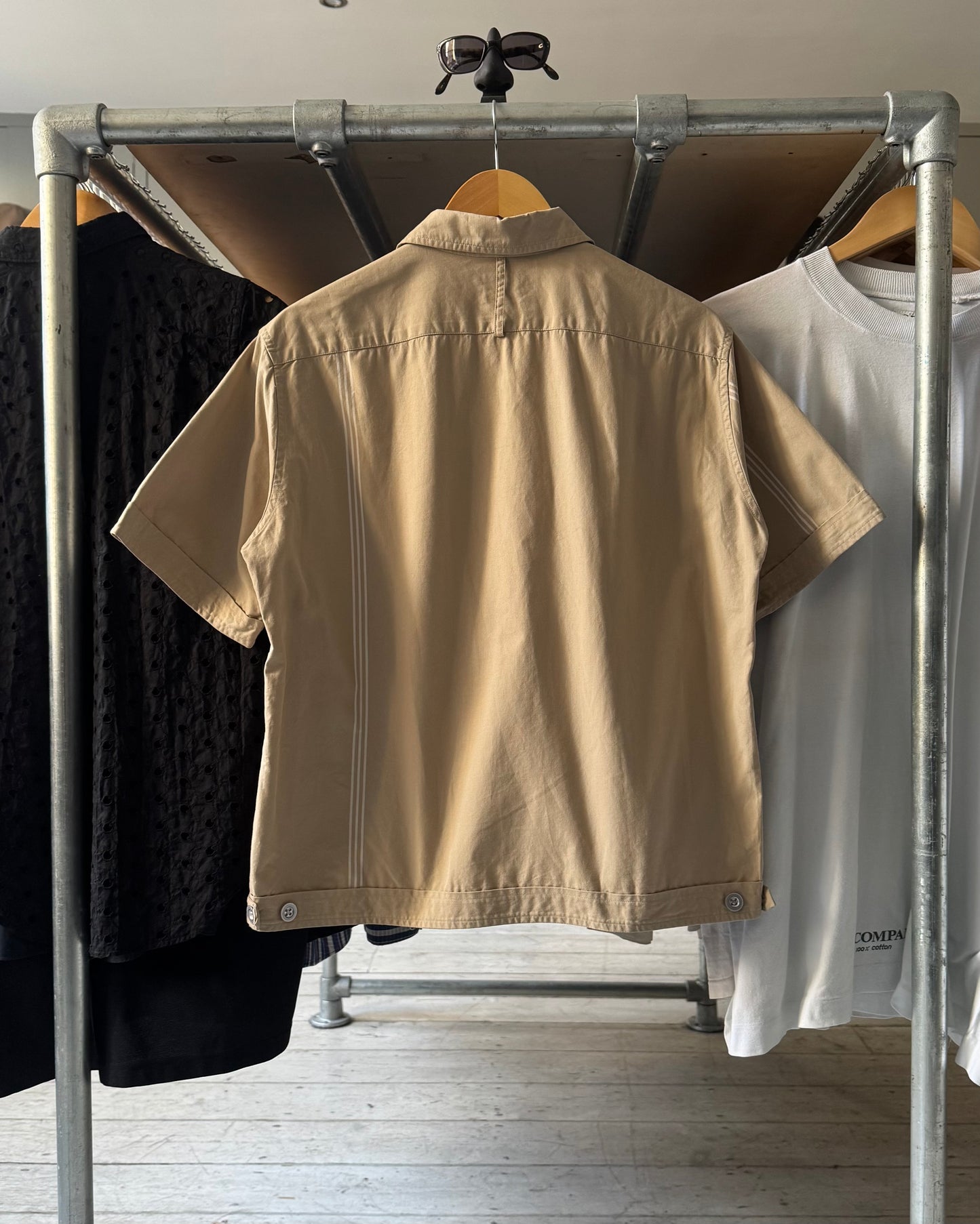 Beige Asymmetrical Striped Patch Pocket Zip Up Shirt (~M~)