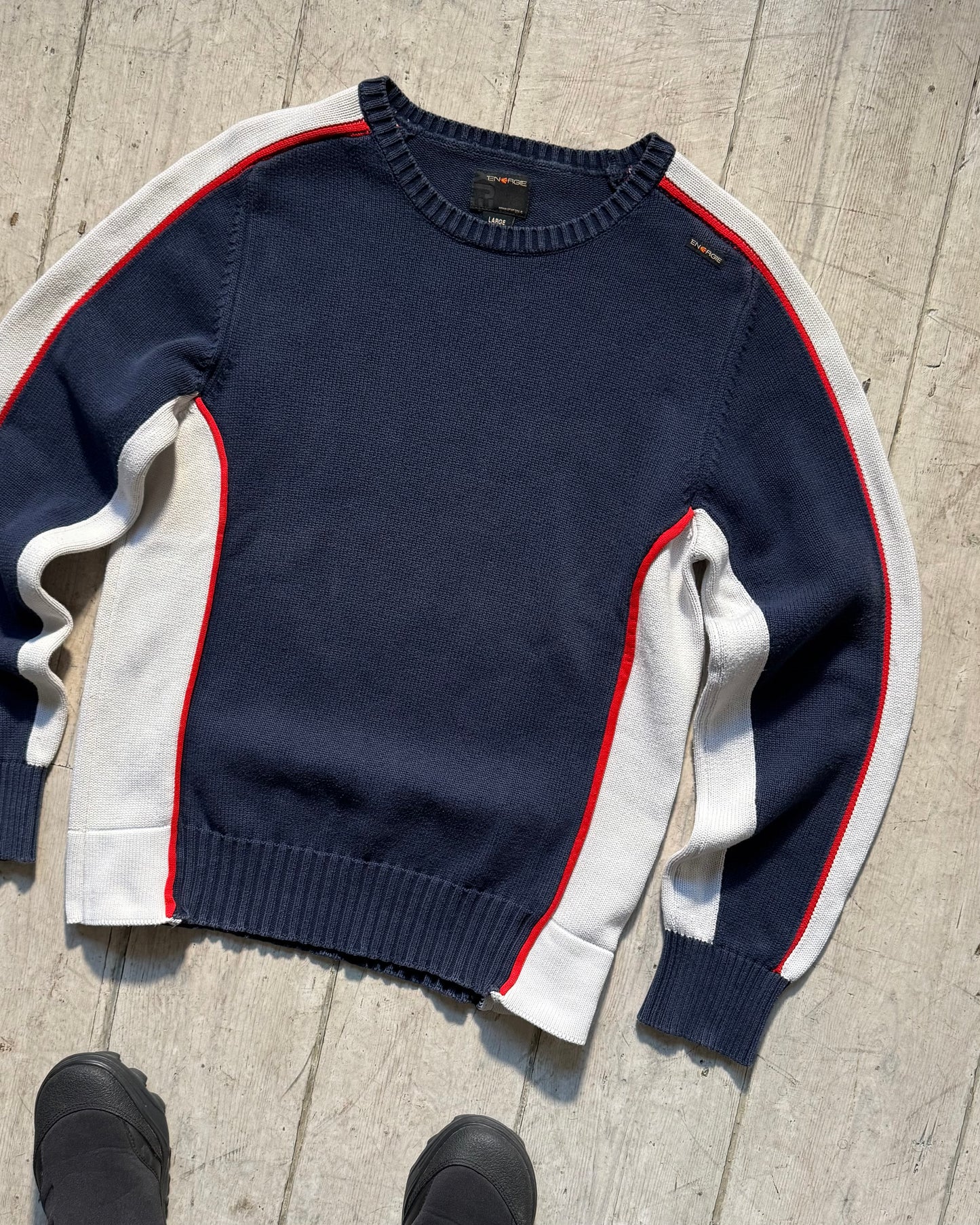 Early 2000s Navy White Red Side Panel Knit Jumper (~M~)