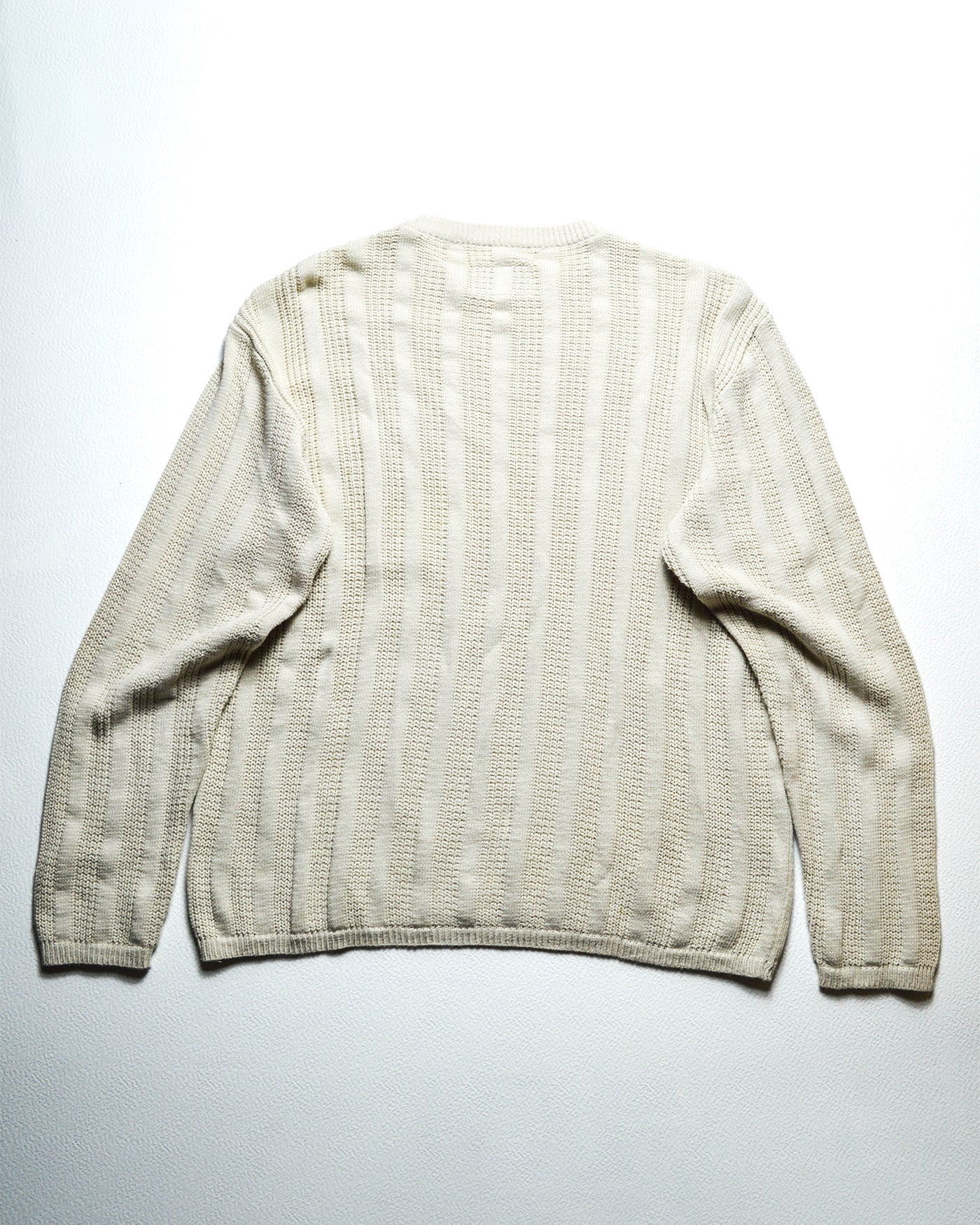 90s Dual Gauge Striped Tonal Patch Pocket Cream Knit Jumper