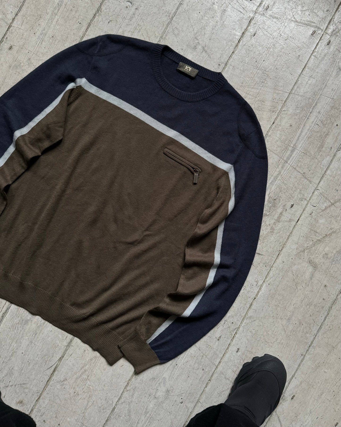 Olive / Navy Striped Two Tone Virgin Wool / Cashmere Knit Jumper (~M~)