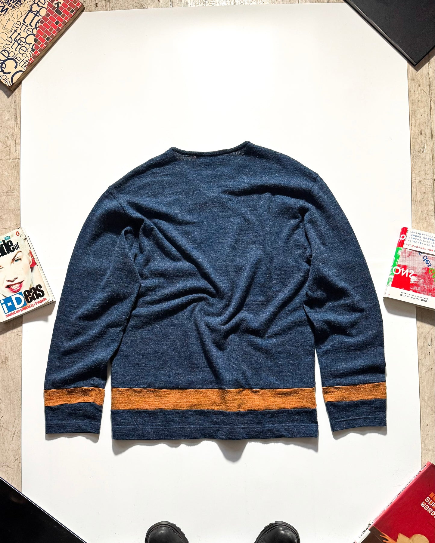 90s Heather Blue / Orange Stripe Knit Zip Up Cardigan (~L~)