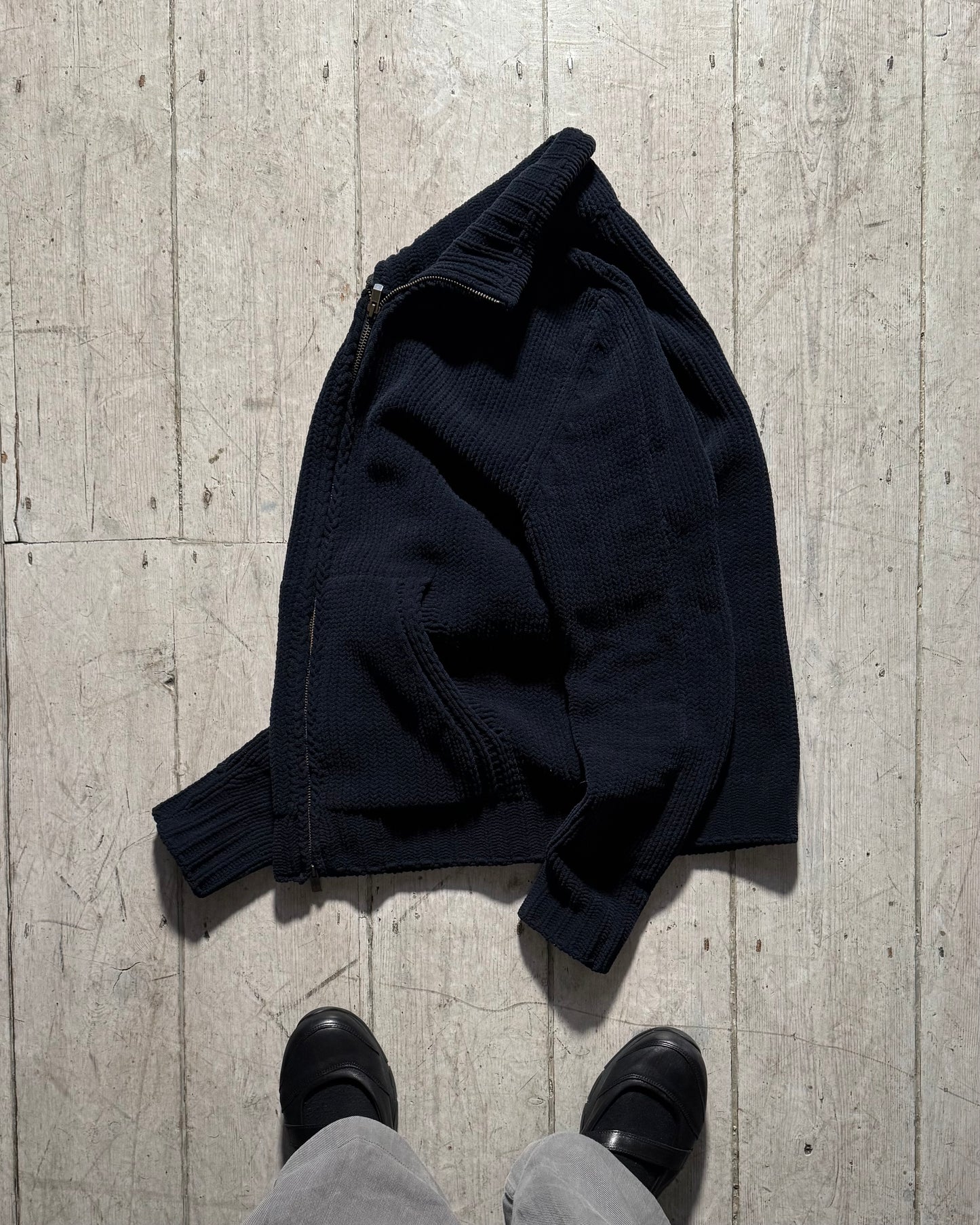 2000s Zip Up Chunky Knit Navy Jumper (S~M)