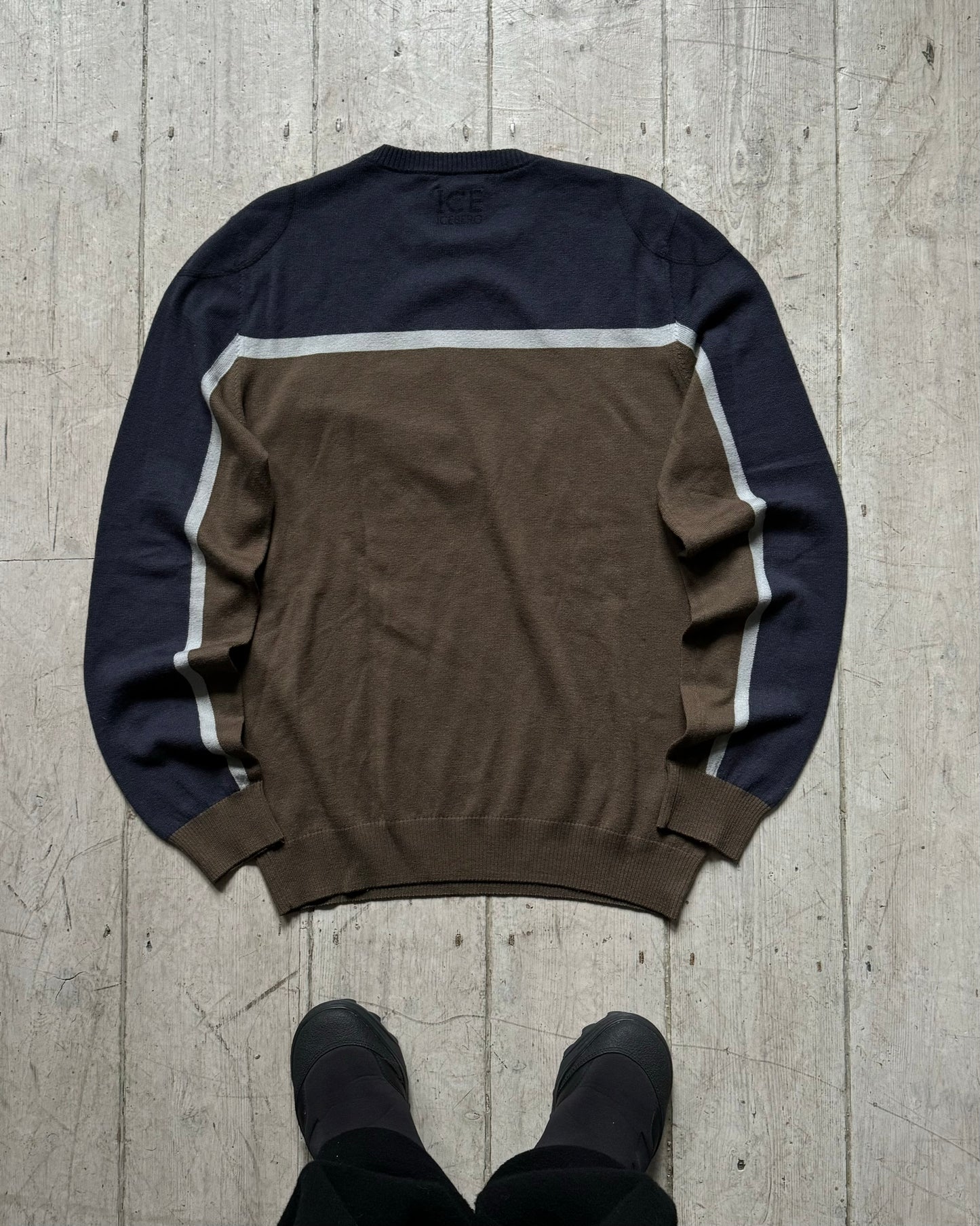 Olive / Navy Striped Two Tone Virgin Wool / Cashmere Knit Jumper (~M~)