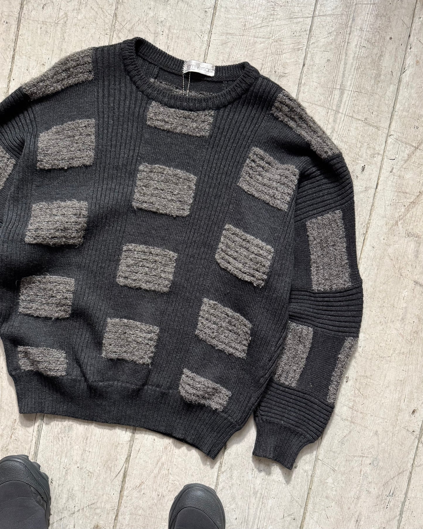 80s Grey Patch Pattern Knit Jumper (L~XL)