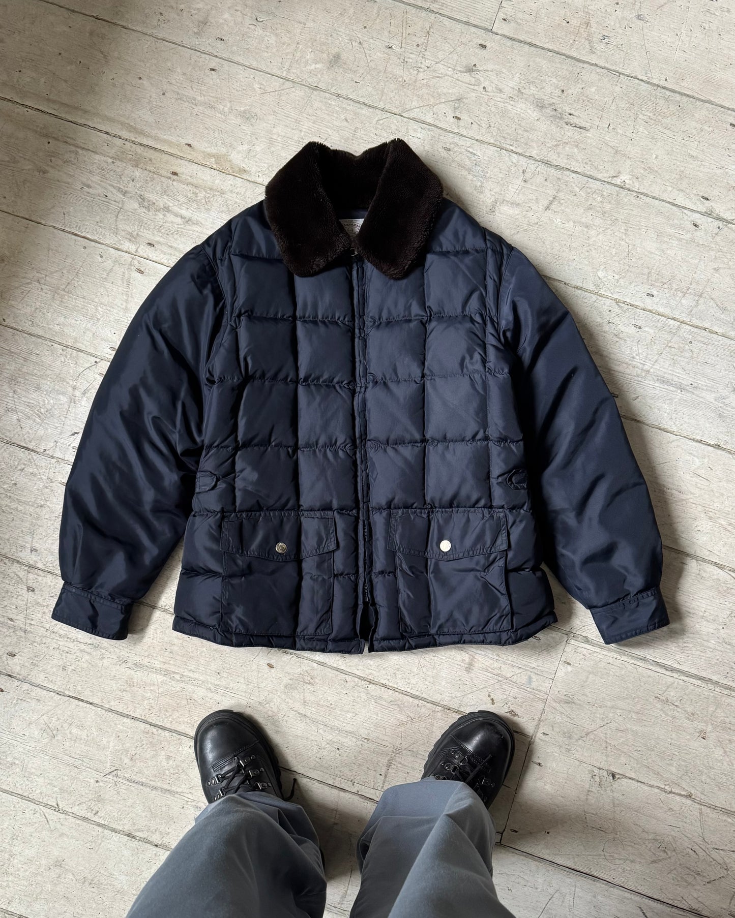 90s Navy Square Quilted Fleece Collar Work Jacket (M~L)