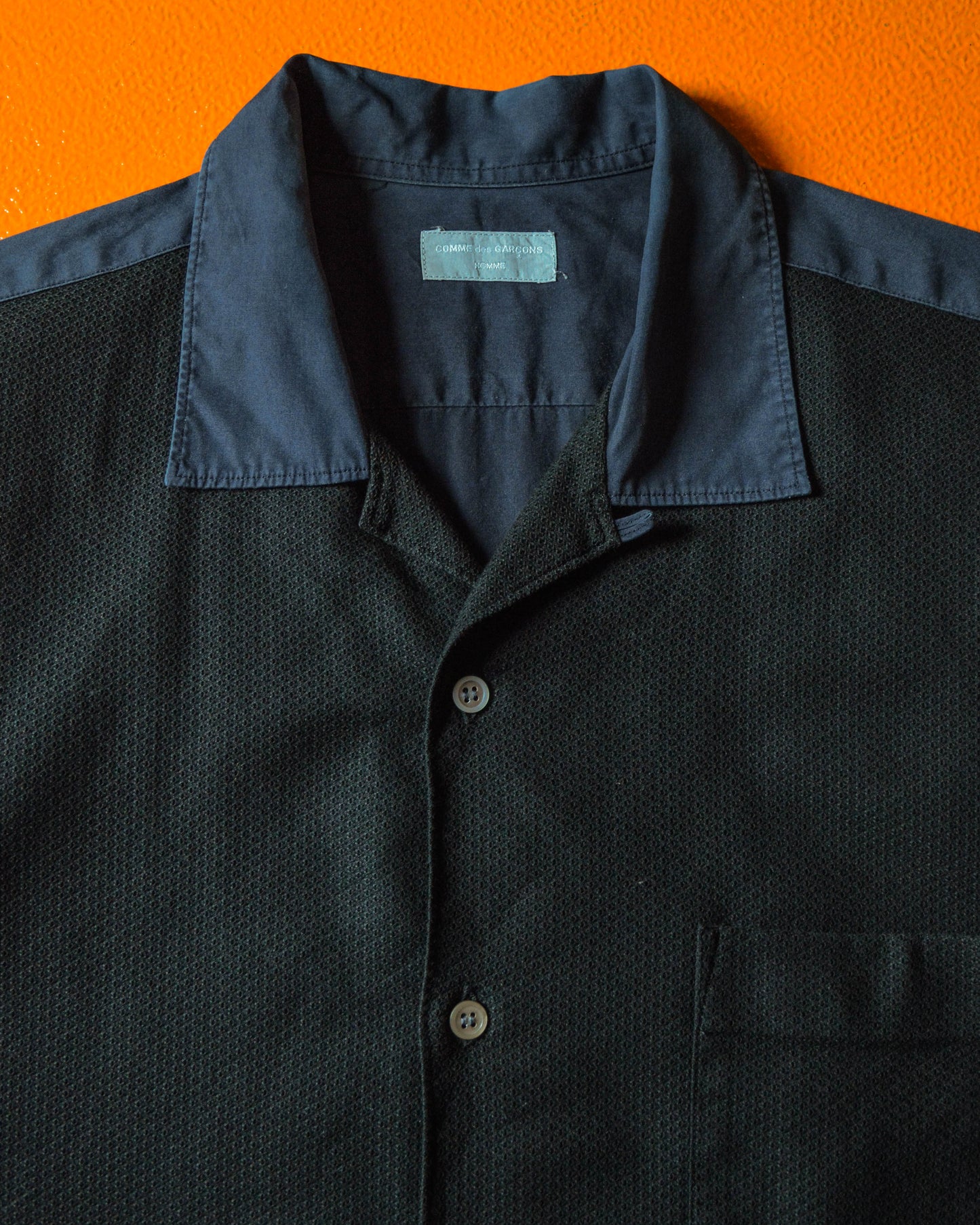 90s Black Knit Contrast Front Panelled Navy Textured Shirt (L~XL)