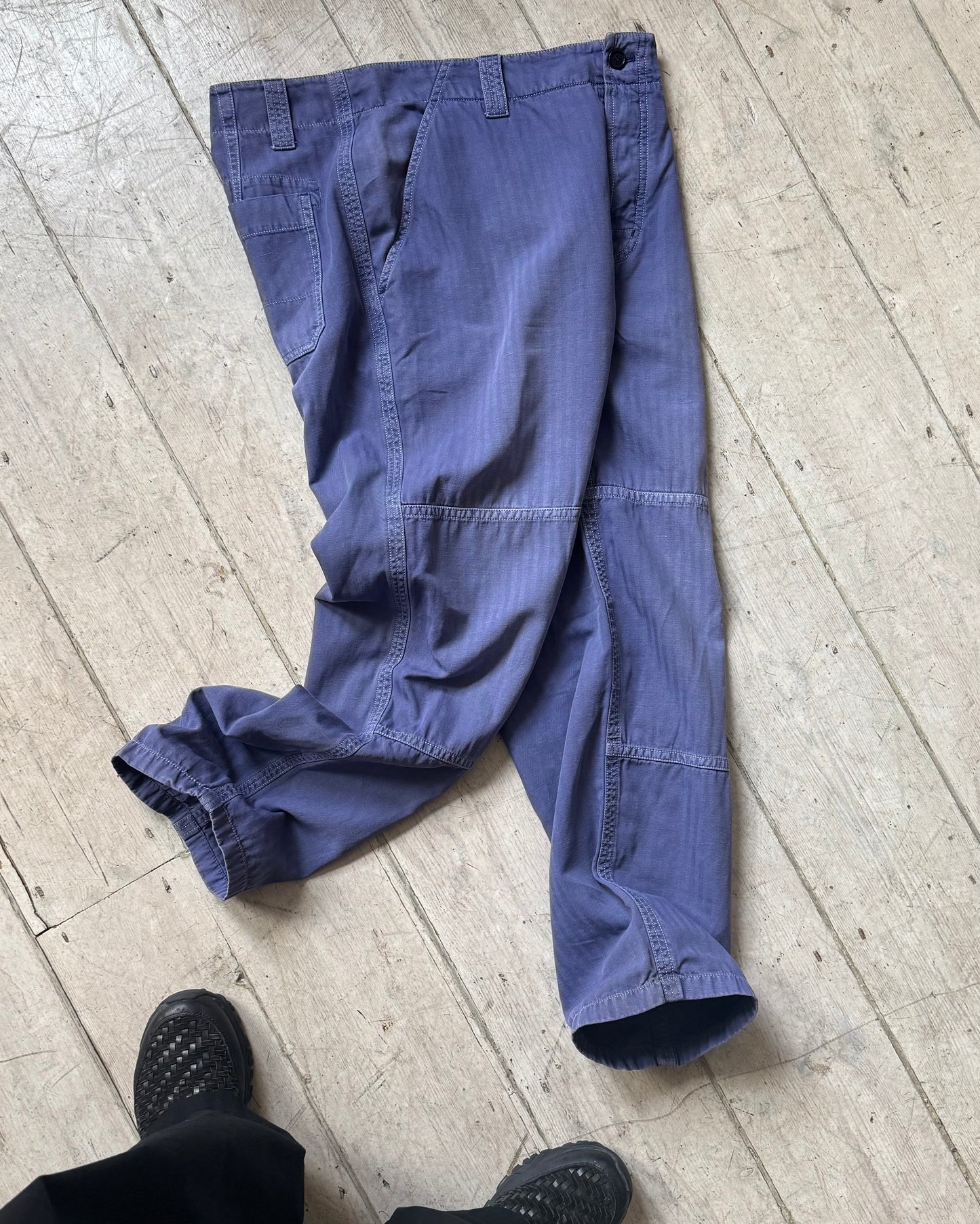 Tonal French Workwear Style Knee Panelled Jacquard Striped Pants (32~33)
