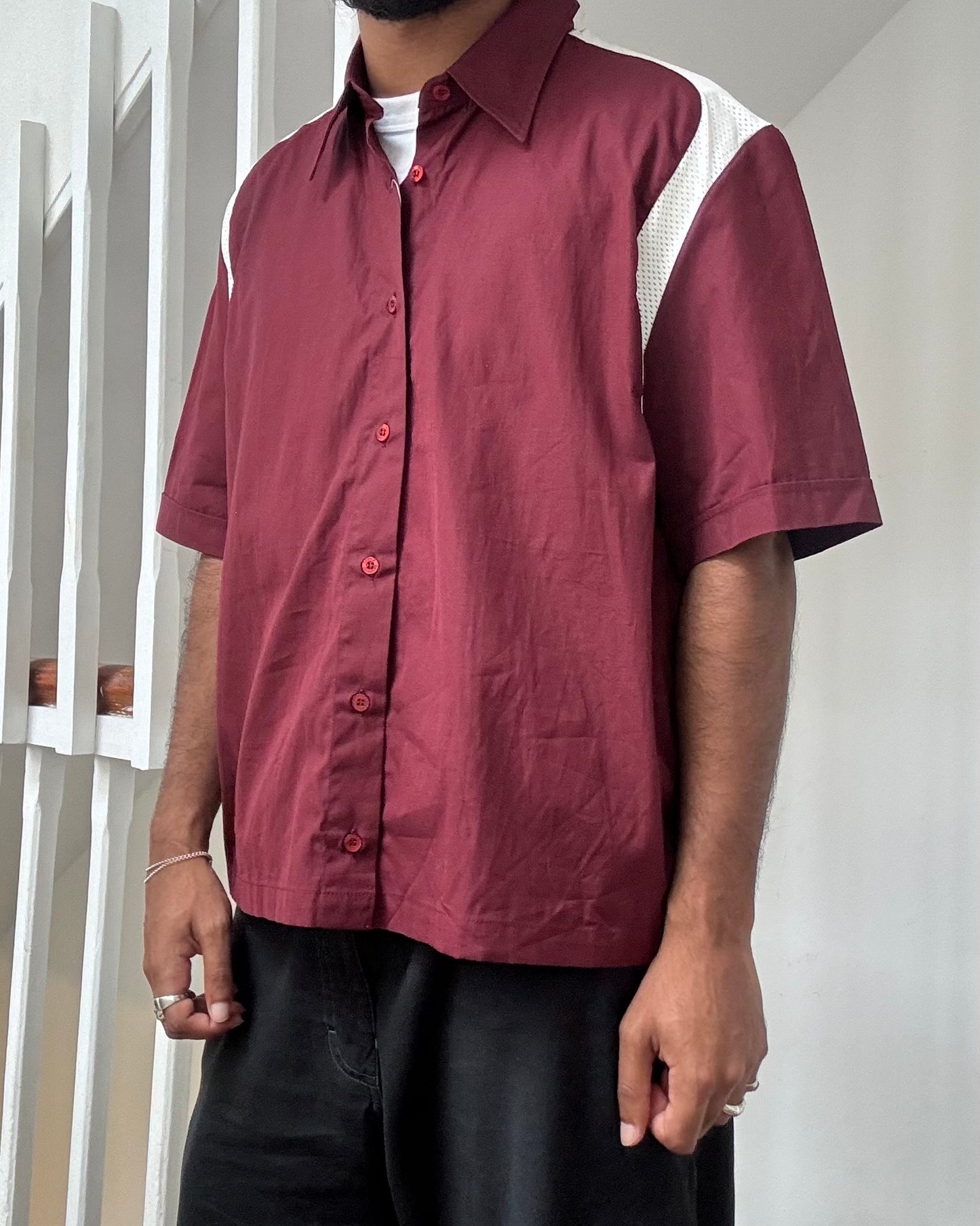 Early 2000s Mesh Shoulder Panel Burgundy Shirt (M~L)