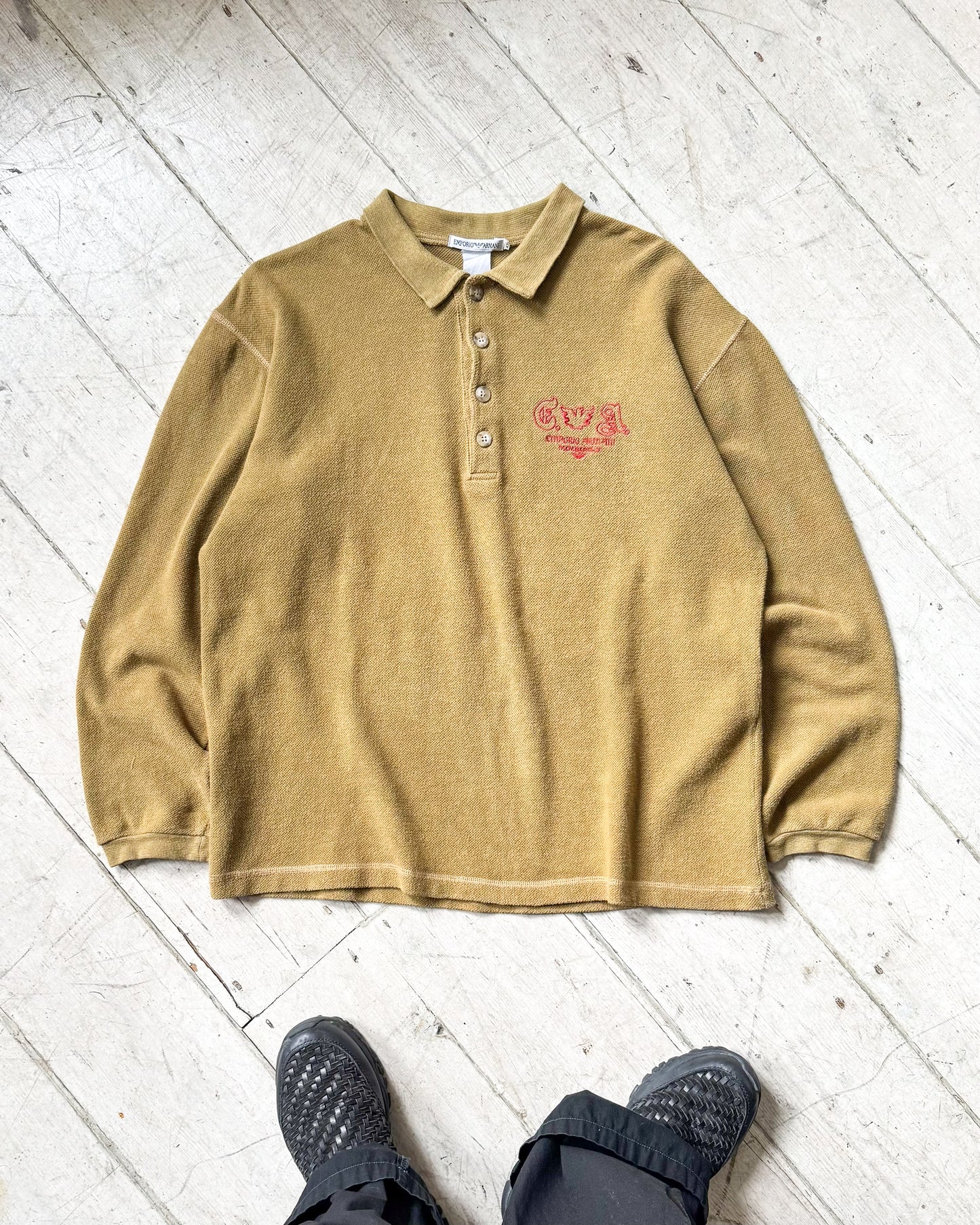 90s Honey Brown Membership Motif Longsleeve Polo Shirt / Top (~L~)