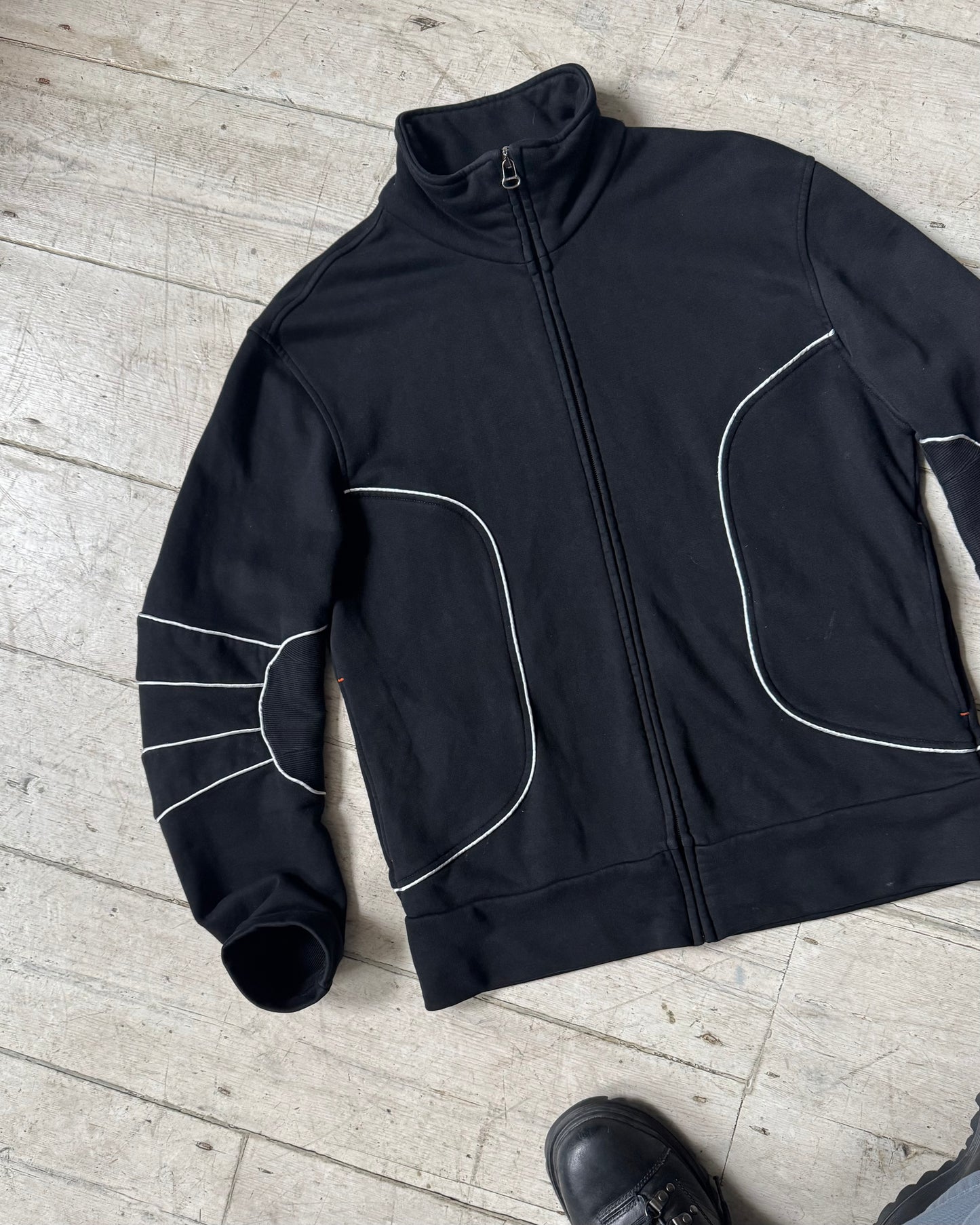 Black White Moto Style Piped / Ribbed Articulated Elbow Zip Up Tracktop (~M~)