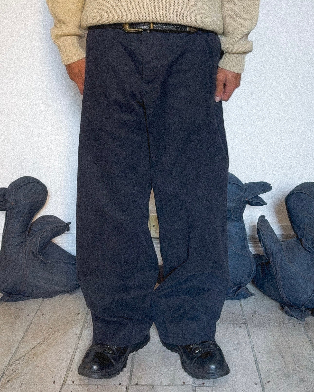 Early 2000s Moleskine Cotton Midnight Navy Dual Layered Patch Pocket Asymmetrical Pants (33~34)