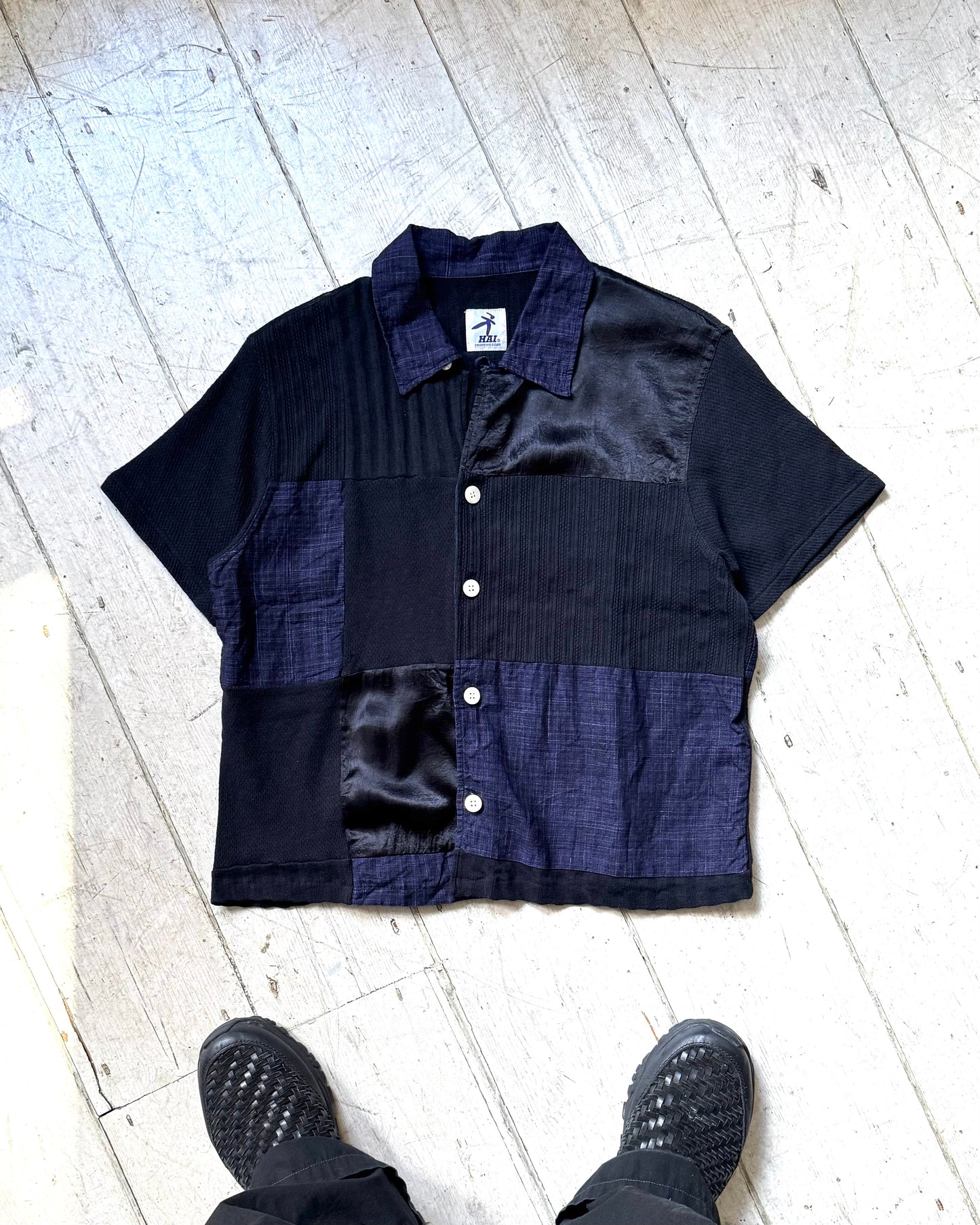 Patchwork Black Blue Shirt and Tshirt Set (~S~)