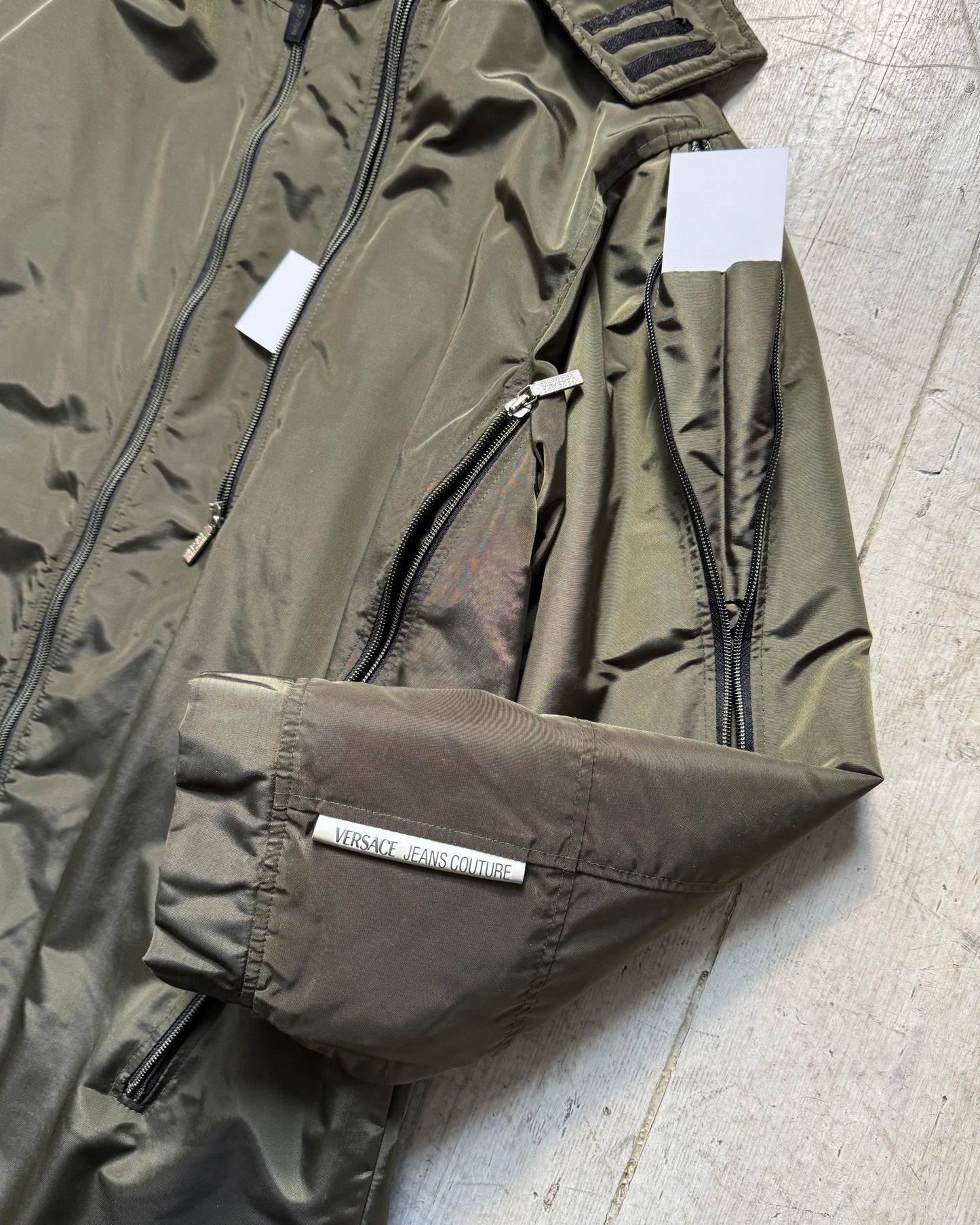 Iridescent Olive Green Asymmetrical Multi Zip Long Coat / Jacket (L)