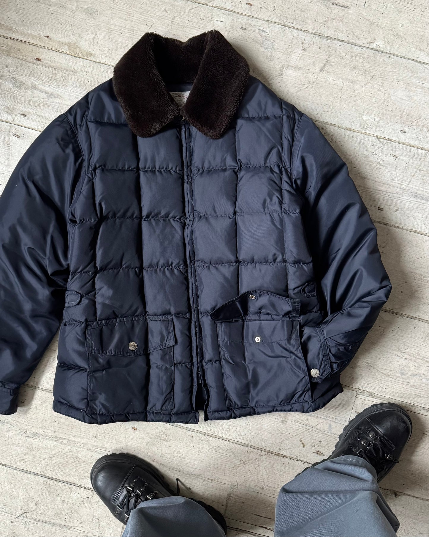 90s Navy Square Quilted Fleece Collar Work Jacket (M~L)