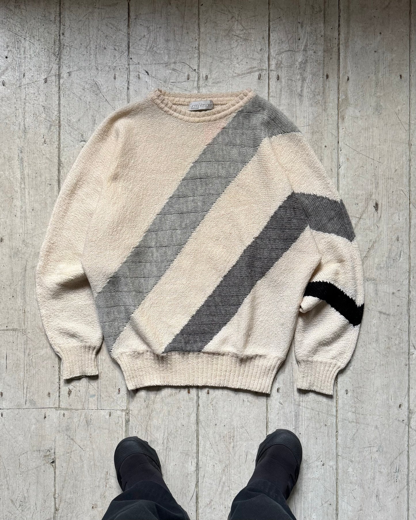 80s Cream Grey Diagonal Asymmetrical Stripe Knit Jumper (~XL~)