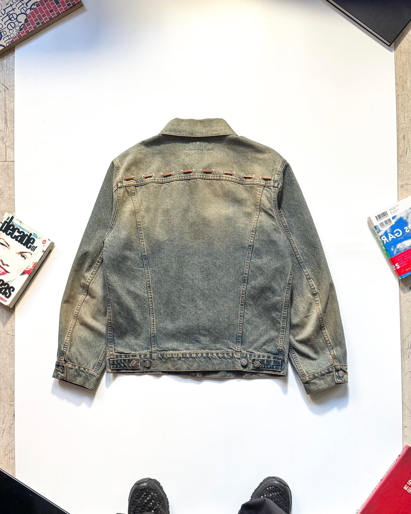 Early 2000s Brown Leather Lace Detail Ages Denim Jacket (~M~)