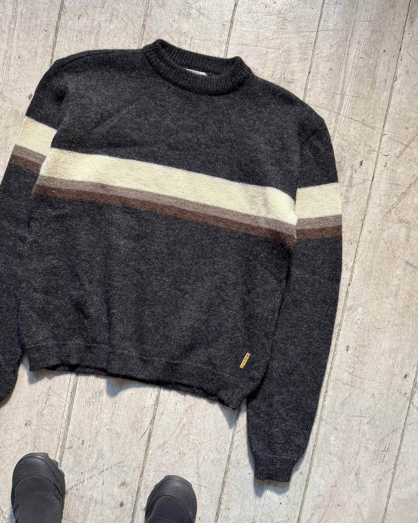 90s Grey Brown Cream Centre Stripe Knit Jumper (~M~)