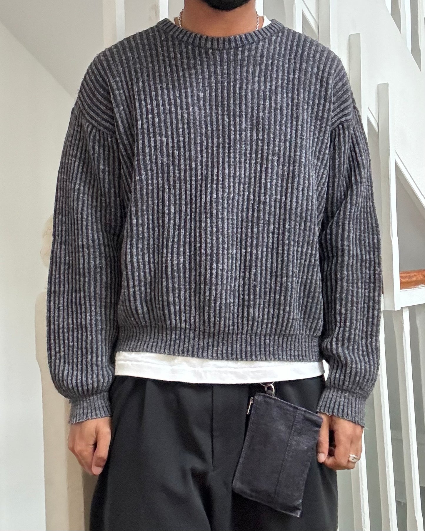 90s Grey Striped Boxy Knit Jumper (~M~)
