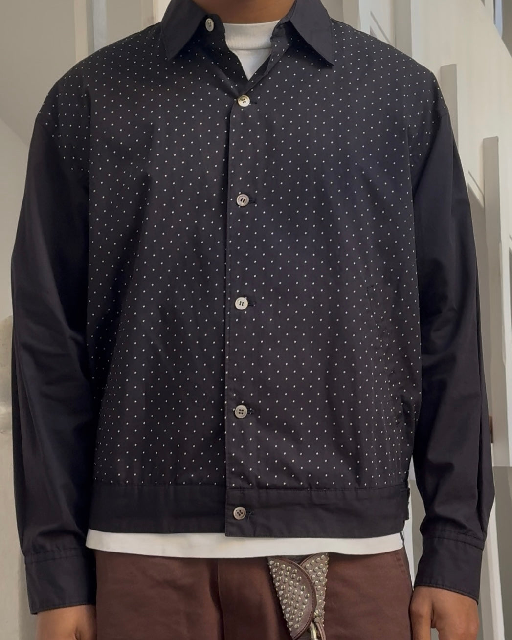 1990 Polka Front Navy Hybrid Over Shirt (~M~)