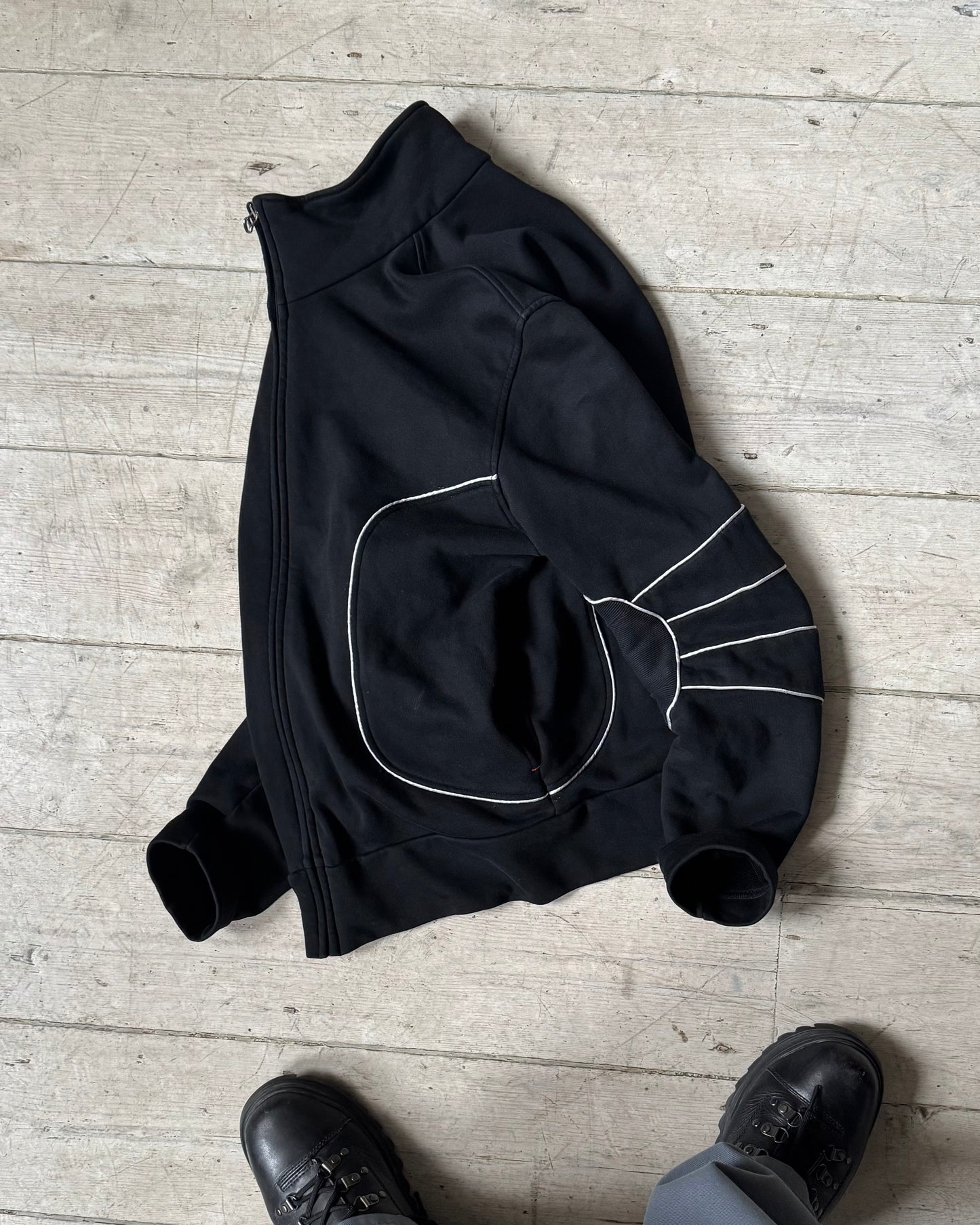 Black White Moto Style Piped / Ribbed Articulated Elbow Zip Up Tracktop (~M~)