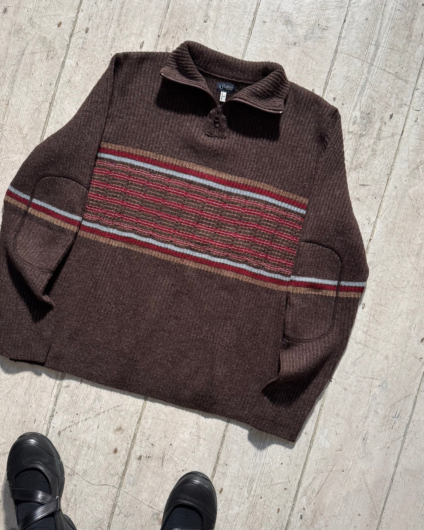 Early 2000s Brown Striped Quarter Zip Knit Jumper (~M~)