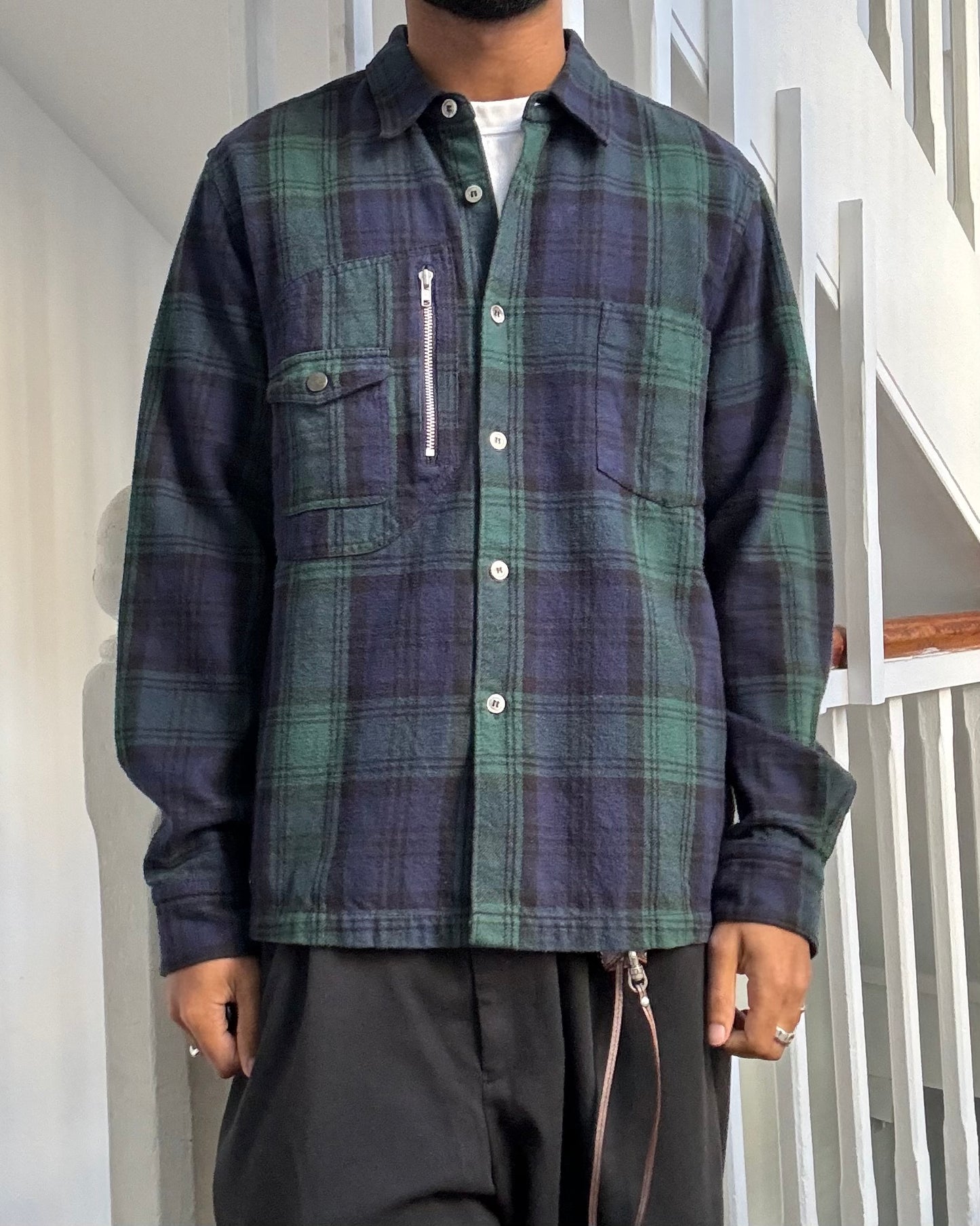 2005 Cargo Patch Pocket Panel Green Navy Plaid Shirt (~M~)