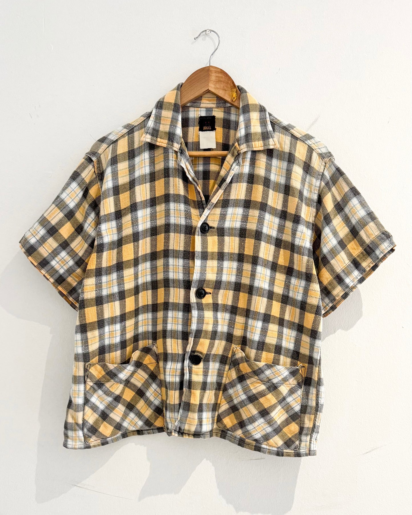 Pale Yellow / Grey Woven Plaid Short Cotton Shirt (M~L)