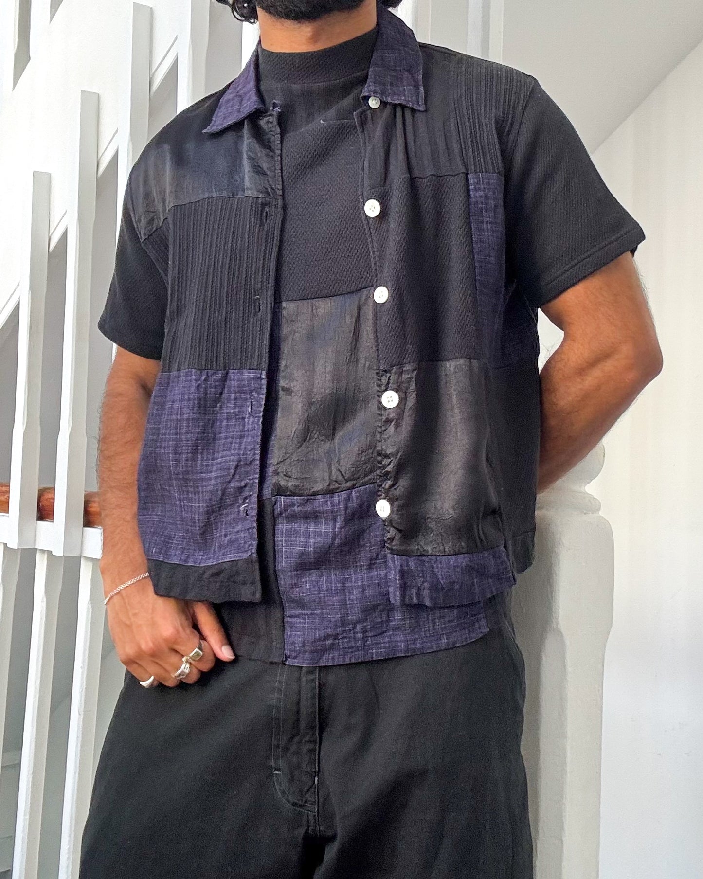 Patchwork Black Blue Shirt and Tshirt Set (~S~)