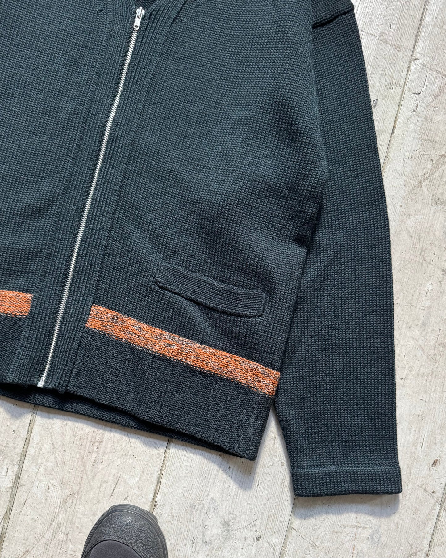 2001 Heavy Weight Orange Stripe Navy Zip Up Knit Cardigan (M~L)