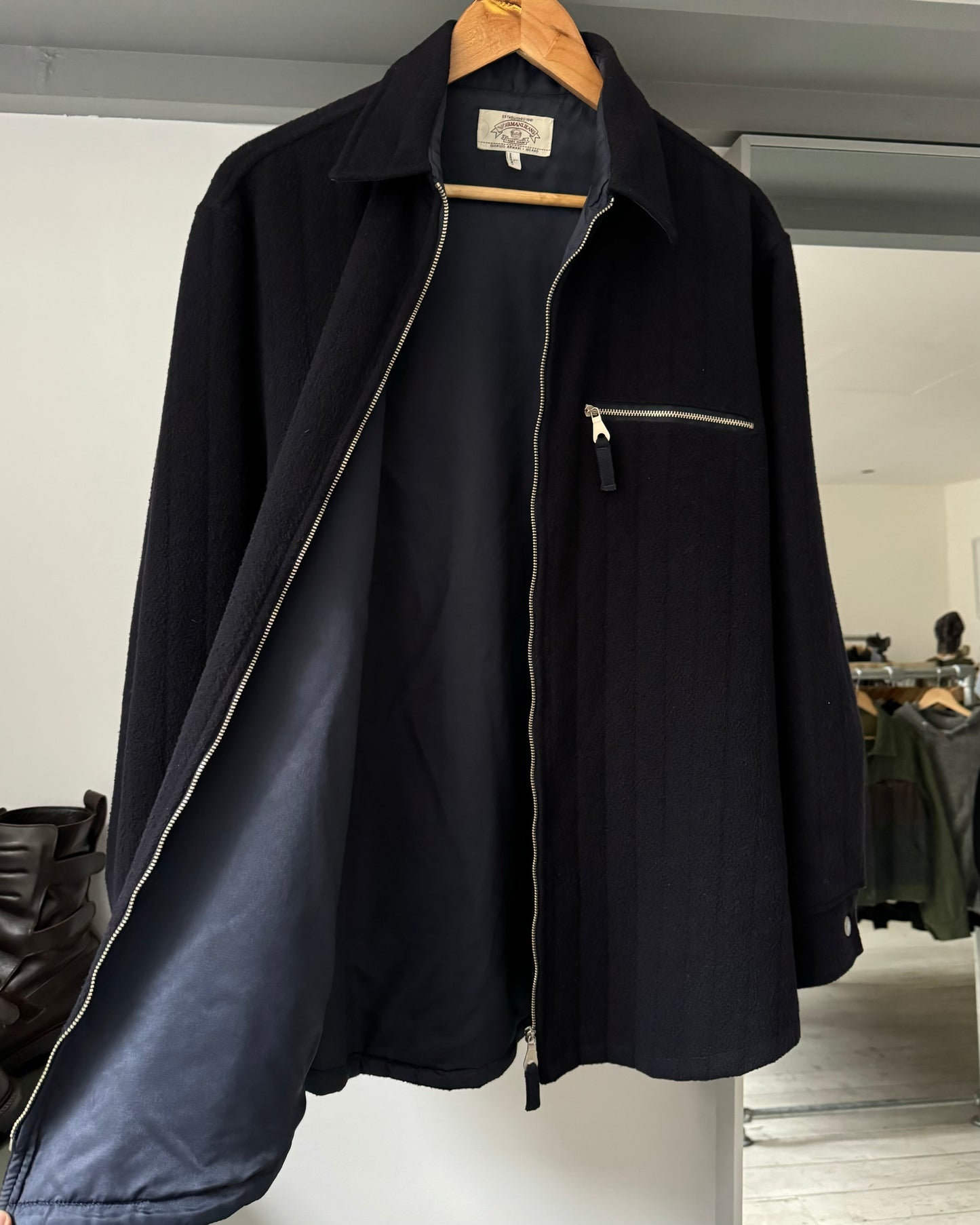 Early 2000s Tonal Textured Striped Lined Zip Up Navy Overshirt Shirt (~L~)