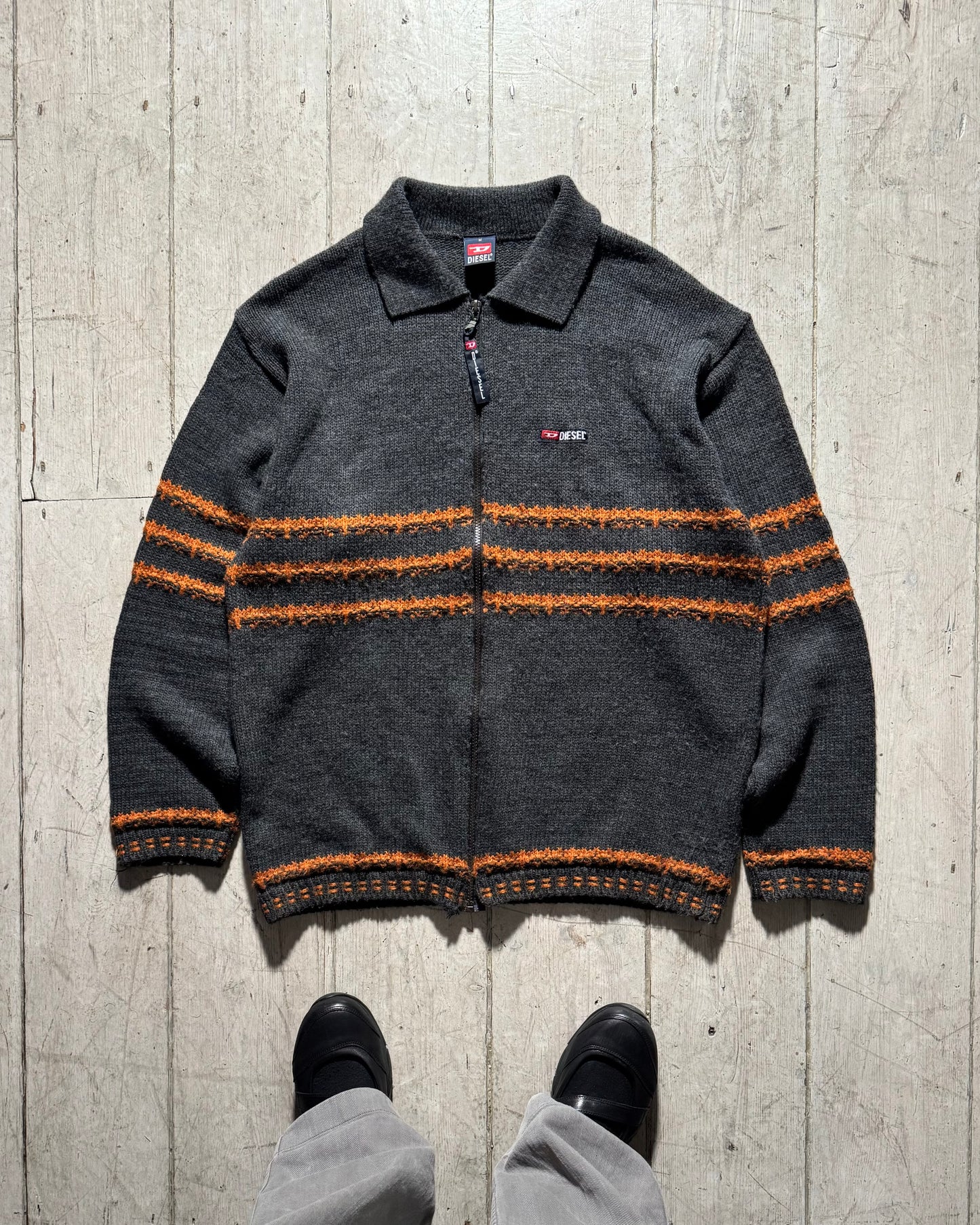Early 2000s Grey Orange Striped Zip Up Knit (~L~)