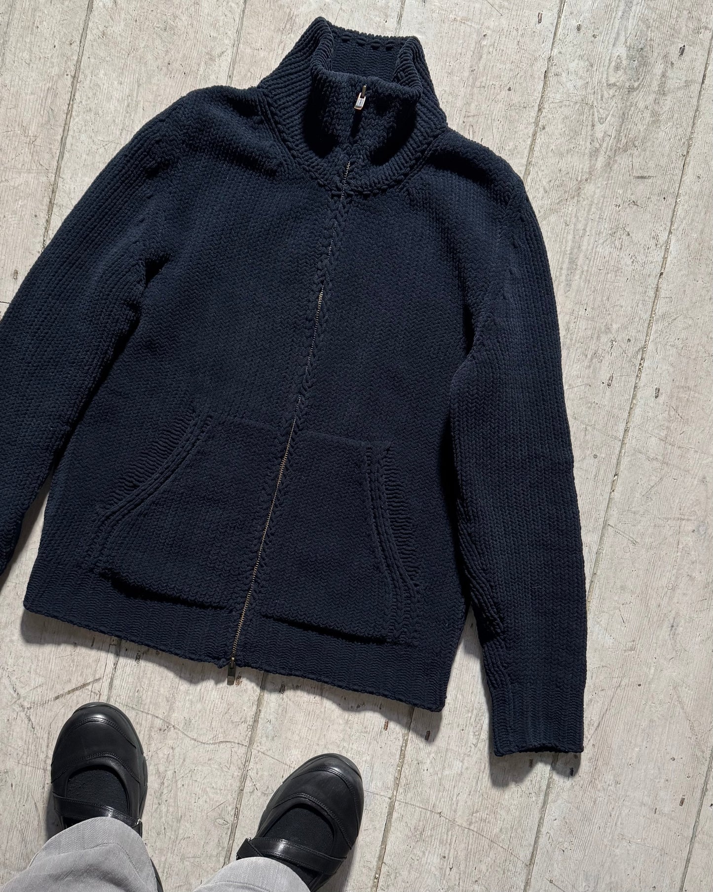 2000s Zip Up Chunky Knit Navy Jumper (S~M)