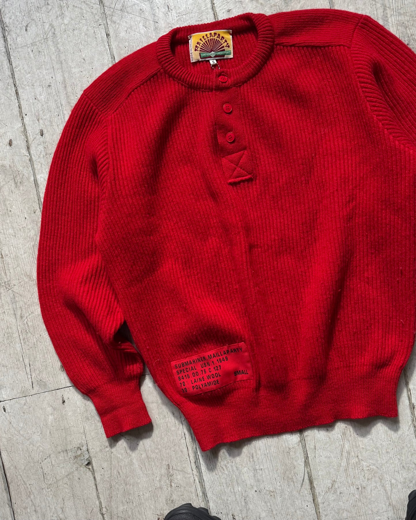 80s Maillaparty Red Submariner Style Henley Collar Knit Jumper (S~M)