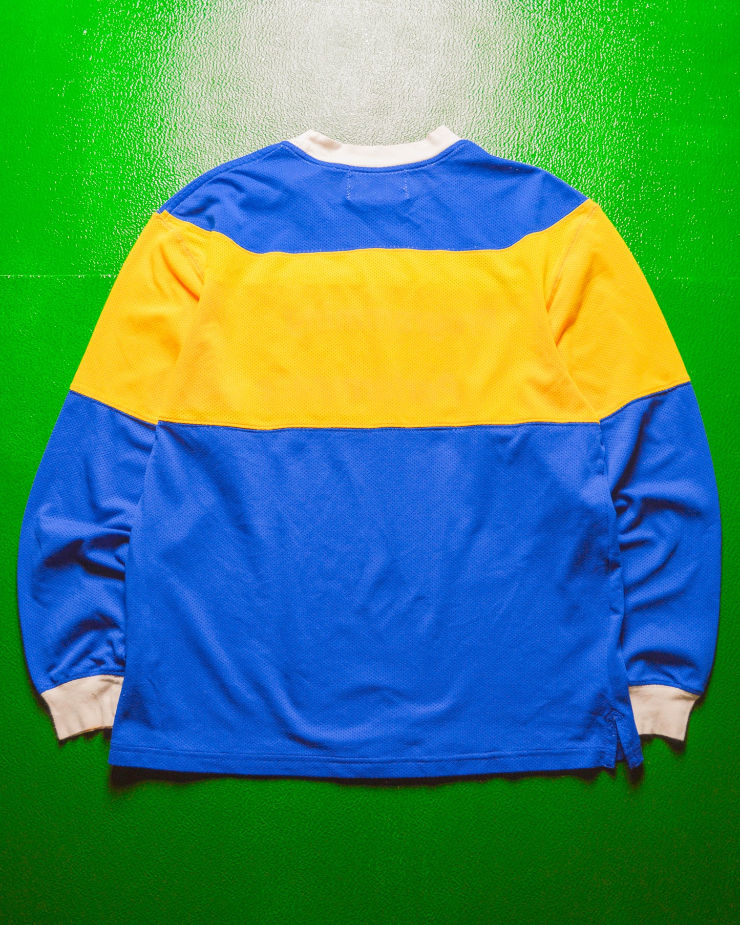 2000 Blue Yellow Arabic Print Mesh Panelled Longsleeve Top (~M~)